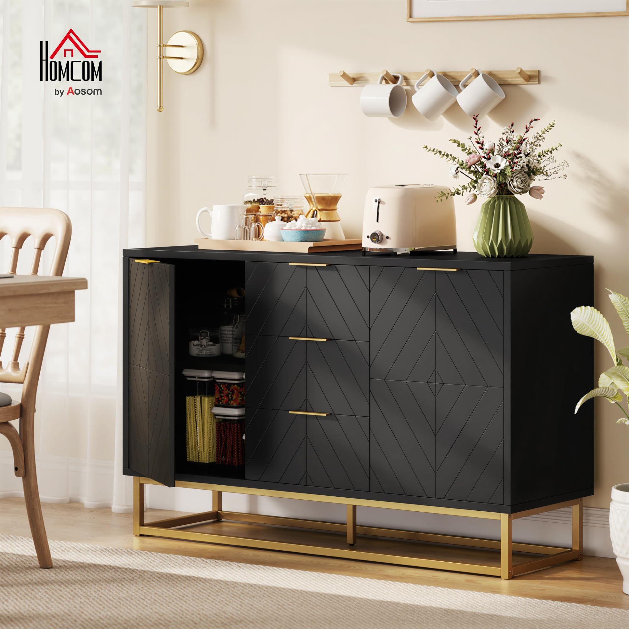 HOMCOM Credenza dal design grafico contemporaneo 2 armadi con ripiani regolabili 3 cassetti scorrevoli in legno nero e metallo dorato