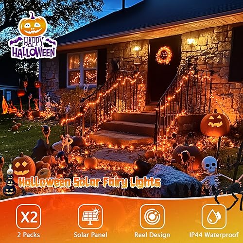Miniatura 2 de JMEXSUSS 100 luces LED solares de Halloween para exteriores, paquete de 4 luces de Halloween naranjas de 33 pies para exteriores, 8 modos de alambre
