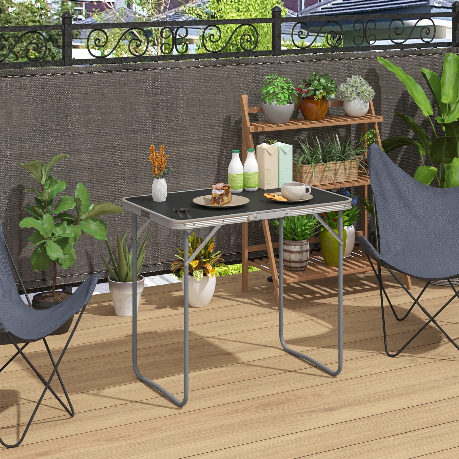 eSituro Tavolo Campeggio, Tavolino Pieghevole da Giardino, Tavolo da Balcone, con Maniglia in Gomma, Tavolo Picnic 80x50x70 cm, in Alluminio e MDF, Carico 20 kg, Nero