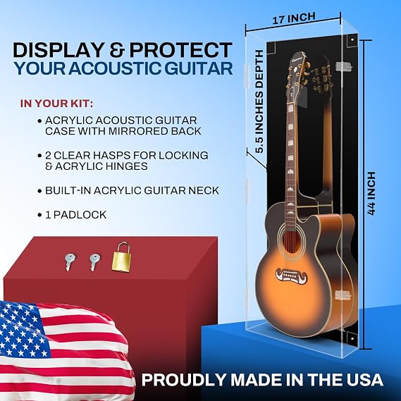 PENNZONI Acoustic Guitar Display Case - Fully Acrylic Acoustic Guitar Case - Horizontal Guitar Display Case Wall Mount, Guitar Wall Case Made from Clear Acrylic
