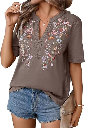 Mexican Shirts for Women Embroidered Tops Traditional Summer Blouse Floral Tunic V Neck Short Sleeve T Shirt