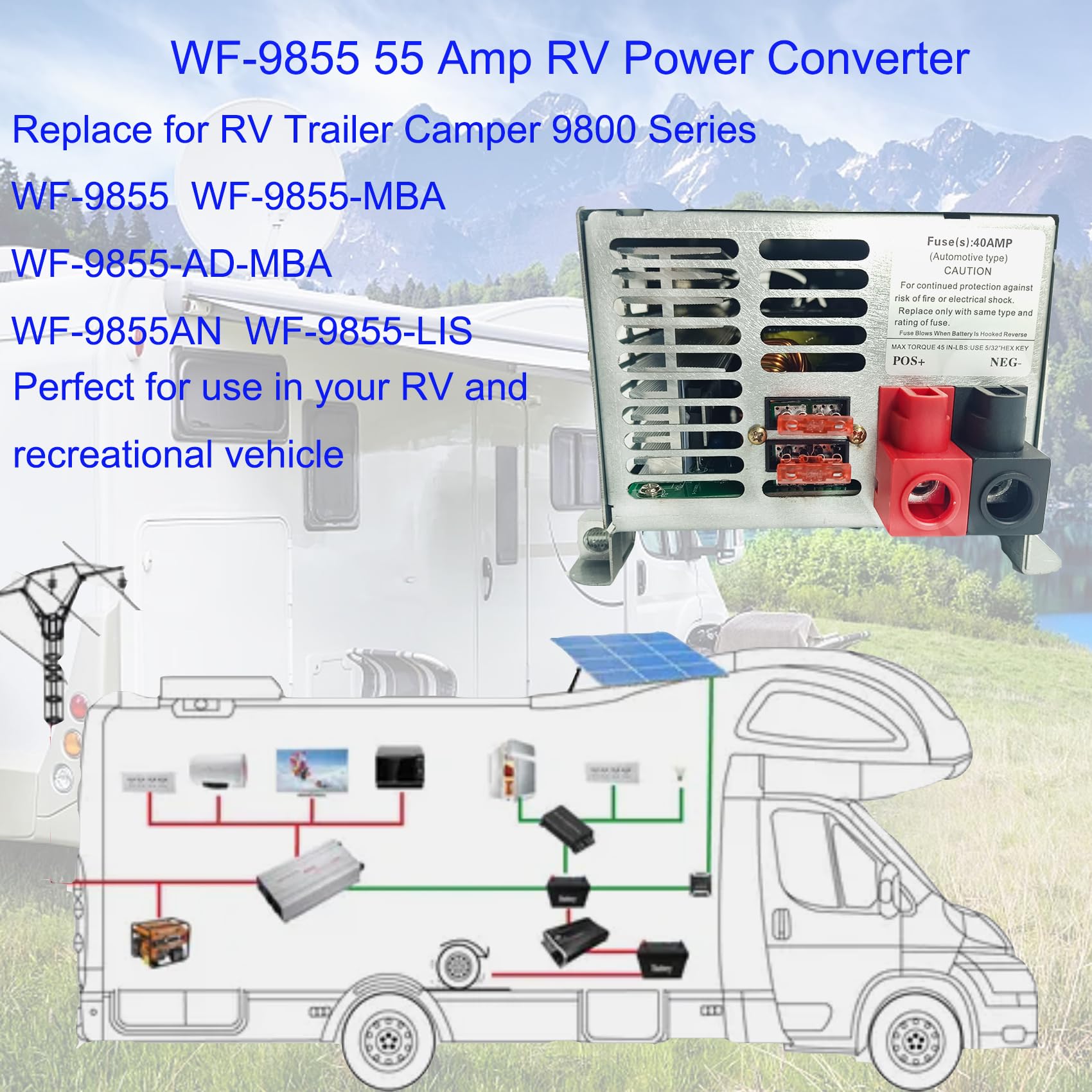 WF-9855 - Convertidor de alimentación RV de montaje en cubierta de 55 amperios, repuesto para RV, remolque, cámper, serie 9800