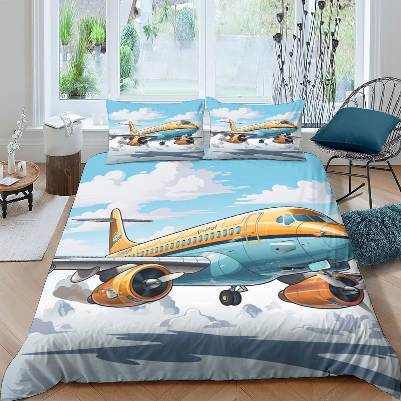 Ctjqhvkz Style-3 3D Printed Airplane Runway Fitted Sheet Microfiber Soft Anti-Slip Blue Sky Bed Cover For Bedroom Guest Room Decor Single（135X200cm）