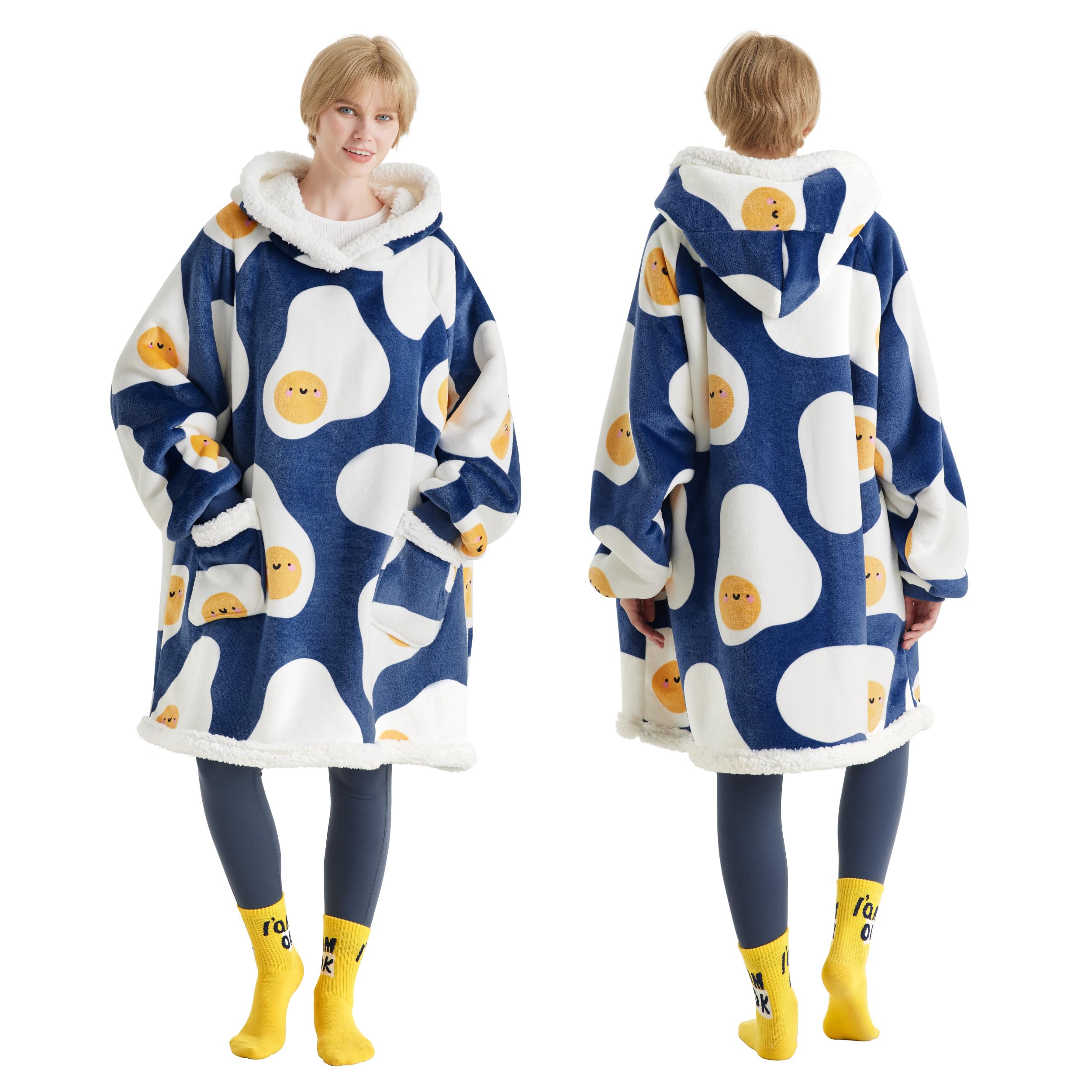 Bedsure Wearable Blanket Hoodie, Sherpa Hooded Blanket Printed for Adult \u0026  Kids as Gifts for Women, Mom Gifts Sherpa Hoodie, Standard, Fried Egg, ...