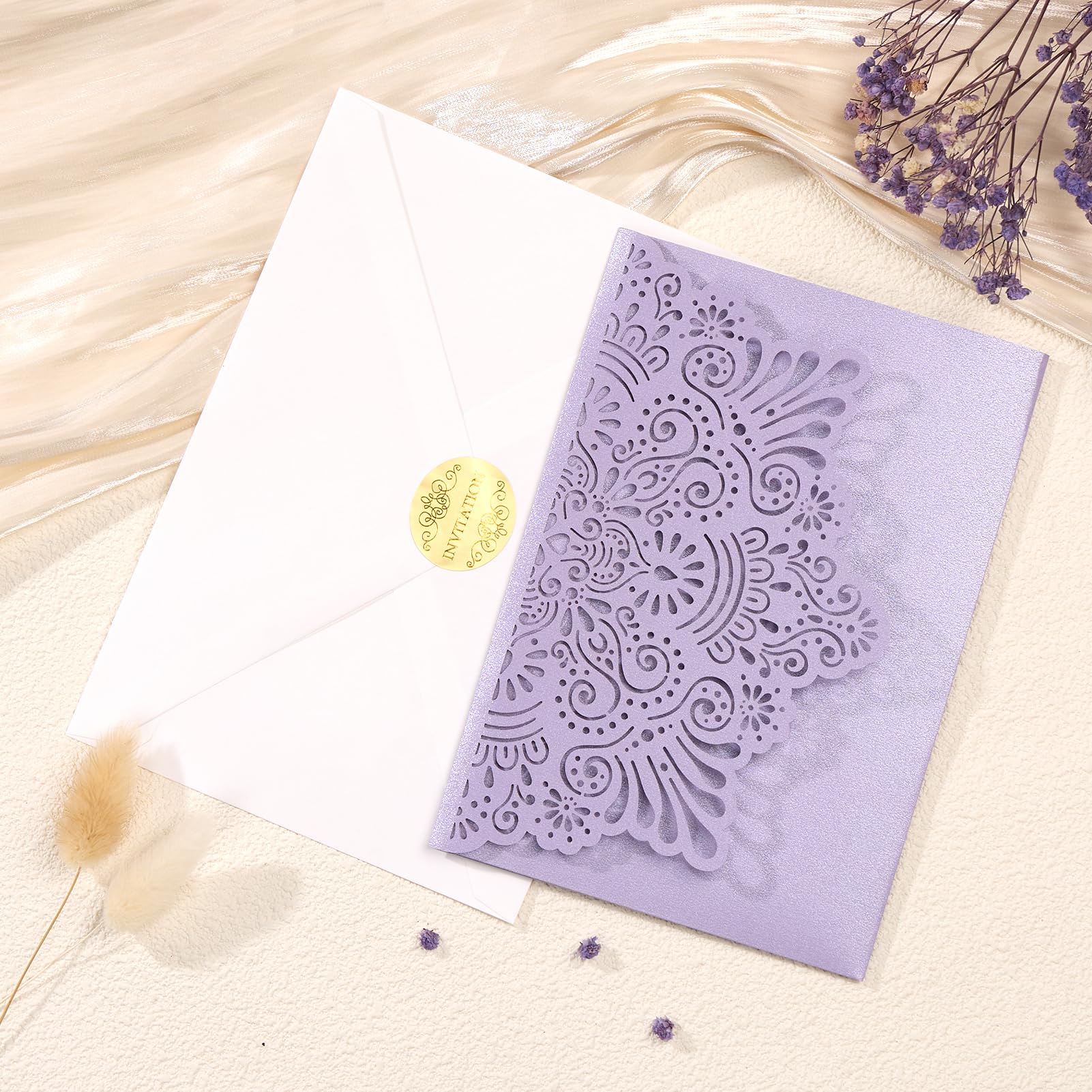 Hochzeitseinladungen, personalisierbar, lasergeschnitten, mit Umschlägen und RSVP-Karten für Verlobung, Quinceanera, Brautparty, Geburtstag, Lila, 50 Stück