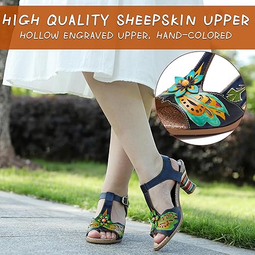 Miniatura 2 de Riutiru Sandalias de piel de cordero hechas a mano para primavera y verano, sandalias de tacón alto cómodas con flores de contraste 3D con bloqueo