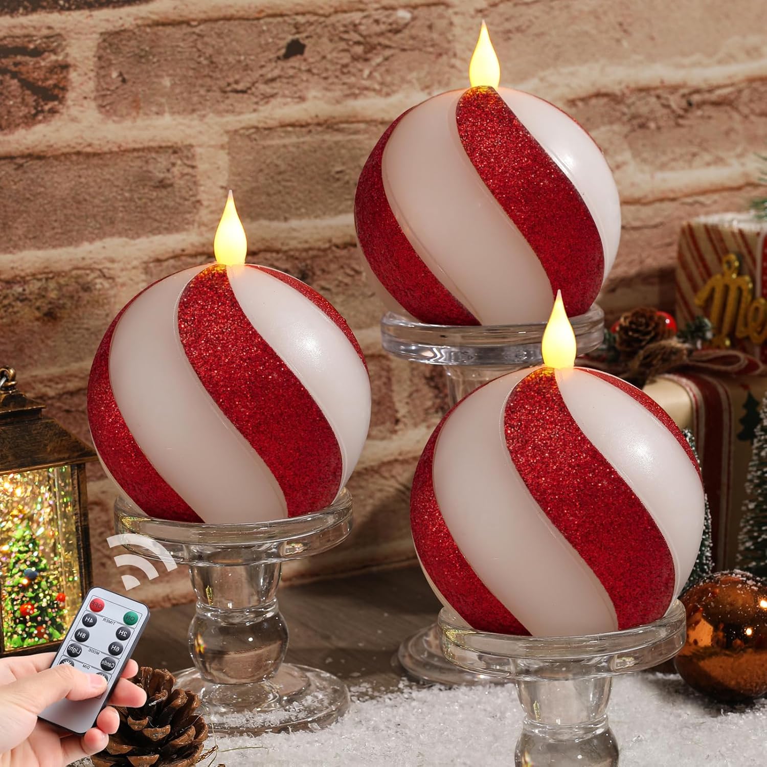 Set of 3 Christmas Sphere Candy-Cane Flameless Candles - Red White Real Wax Flickering Ball Candles Battery Operated with Remote, Candy Cane Christmas Decorations, Xmas Party Tables Centerpieces Decor