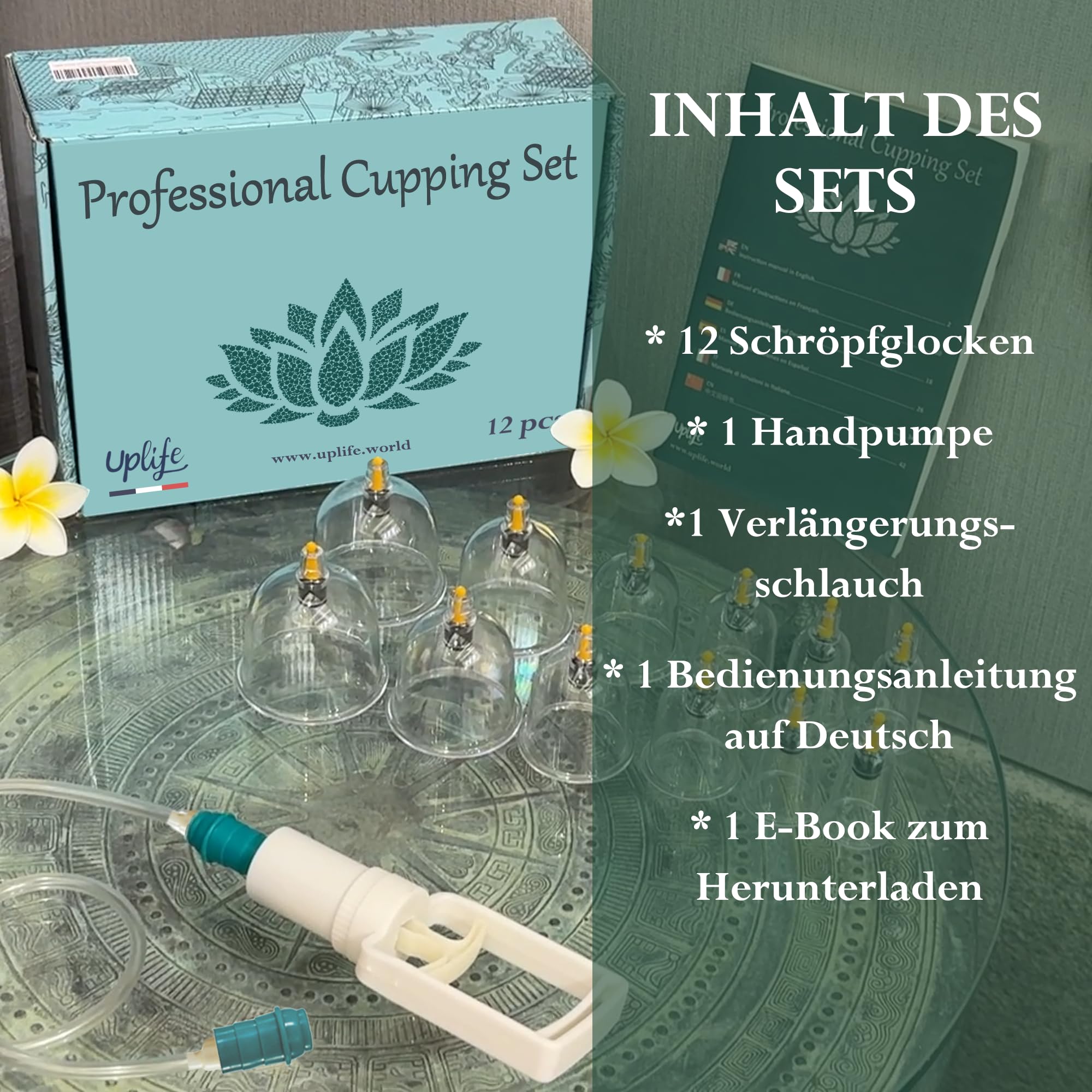 Uplife Schröpfgläser mit Vakuumpumpe - Schröpfset mit Gläsern für Schröpfen & Cupping Therapie - Schröpfgerät & Massage Set Physiotherapie Zubehör - Cupping Set (12 stück)