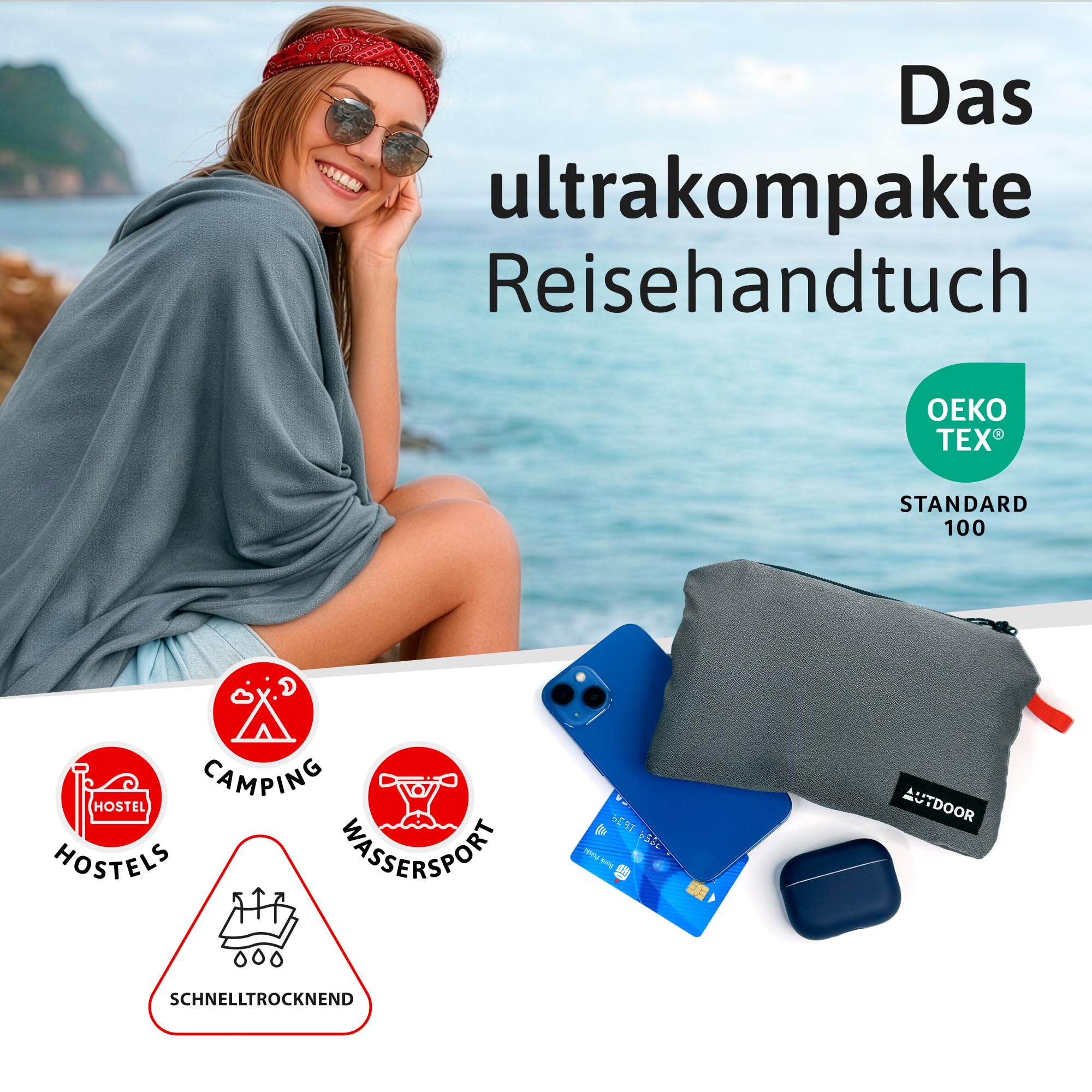 AUTDOOR® Nanofaser Reisehandtuch 160×80 cm – Ultraleicht & extra kompakt – extrem saugstark, schnelltrocknend & Oeko-Tex – Premium Handtuch für Reisen, Strand & Sport