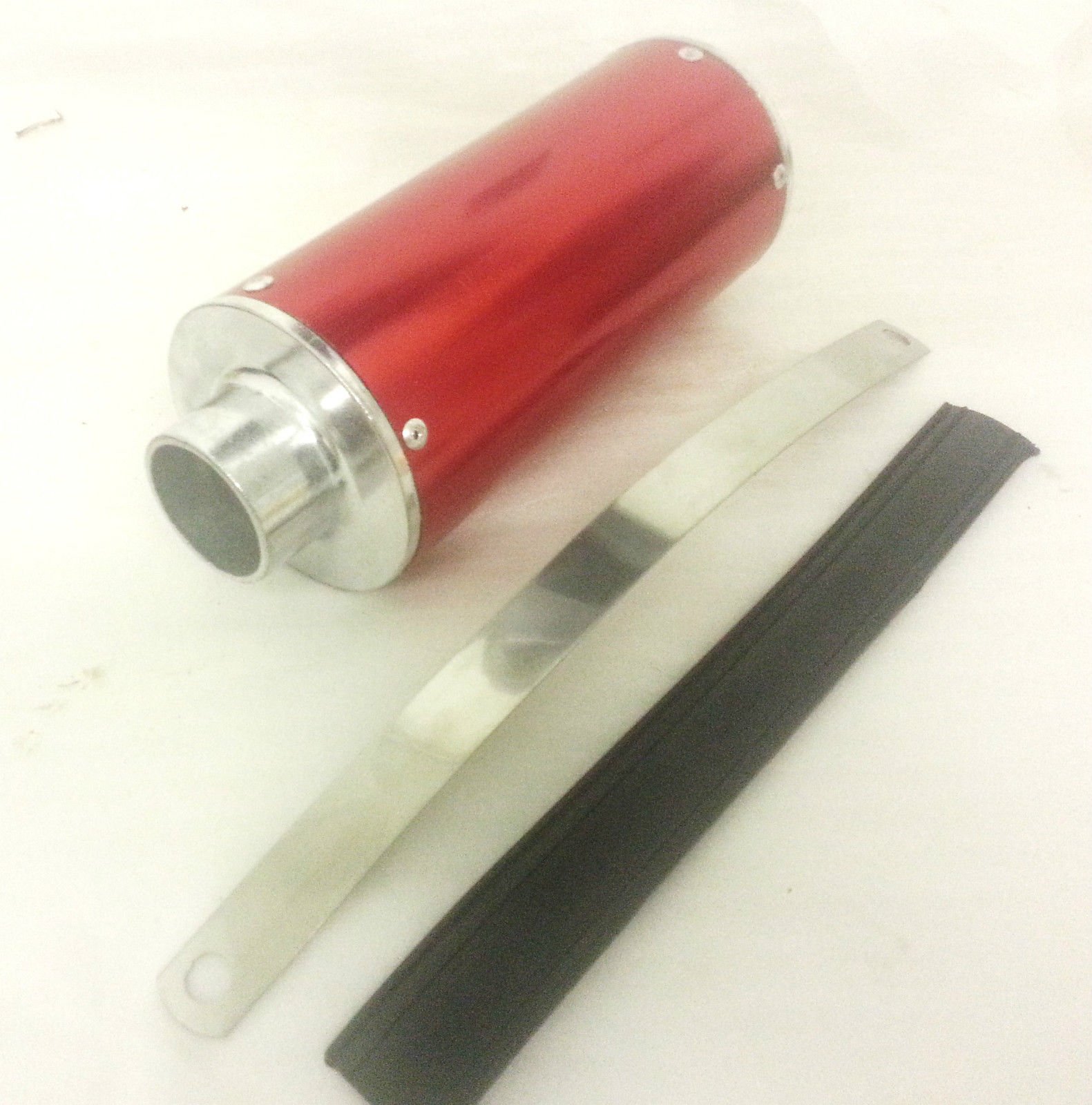 Red CNC Exhaust Can, Strap & Bracket For 110 cc 125 cc Pit & Dirt Bikes