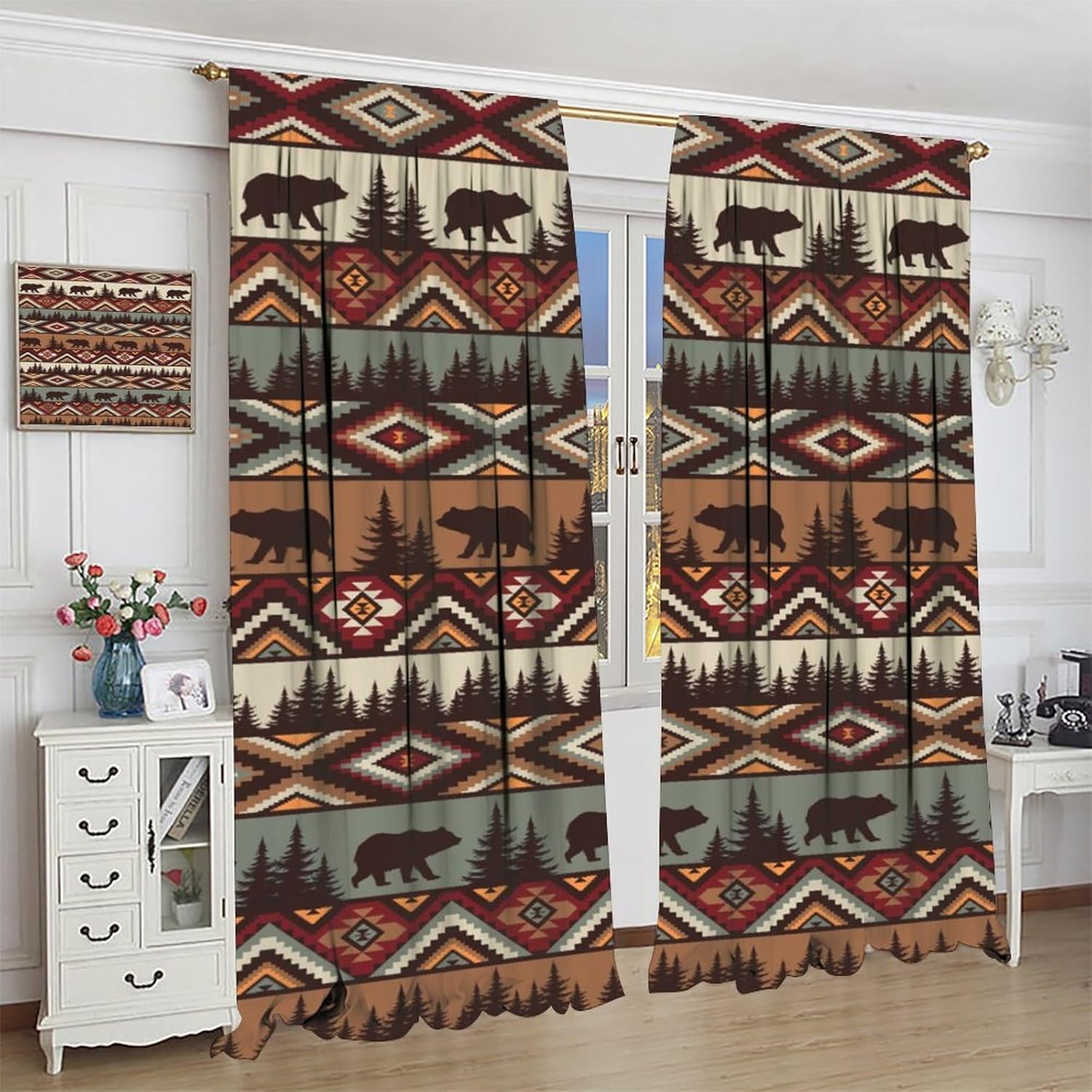 Vintage Rustic Curtains Bear Deer Country Style Rustic Cabin Window Curtain Curtains Pattern Printing for Living Room Bedroom Set of 2 Panels 42 x 45 Inch