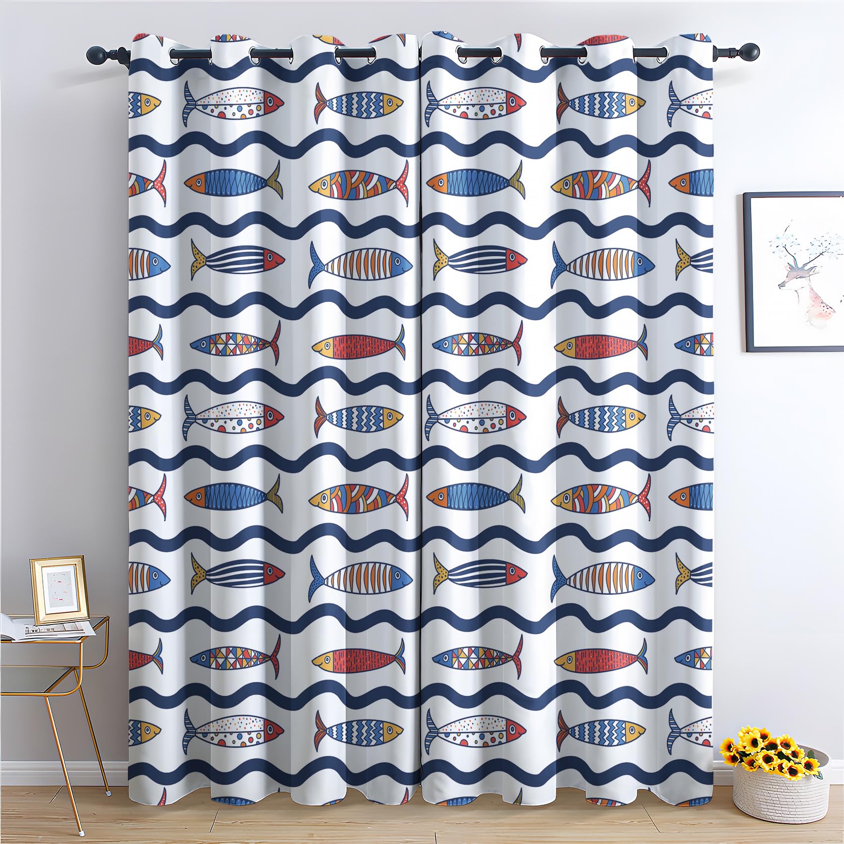 Vorhänge Fisch - Kinder Süße Cartoon Fenster Gardinen mit Ösen, Vorhang Blickdicht Verdunklungsvorhänge Thermovorhang für Wohnzimmer Schlafzimmer Deko 2er Set, H 160 x B 140 cm I-#266