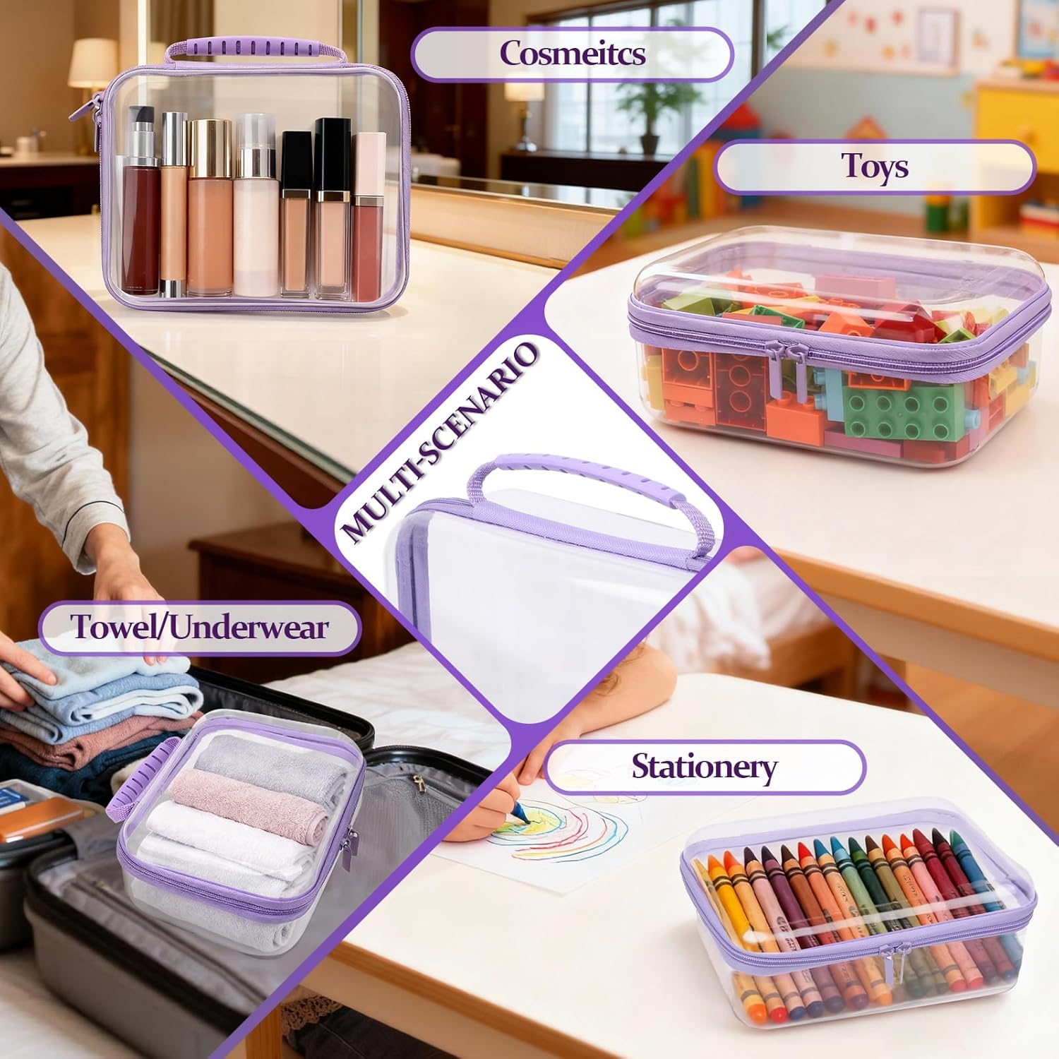 3 PCS Clear Zipper Pouches with Handle, Diaper Bag Organizer, Clear Makeup Bags Hardshell Toy Storage Bins with Zipper Toiletry Pouch Bag for Cosmetics Pencils Puzzles, Building Blocks - L+M+S