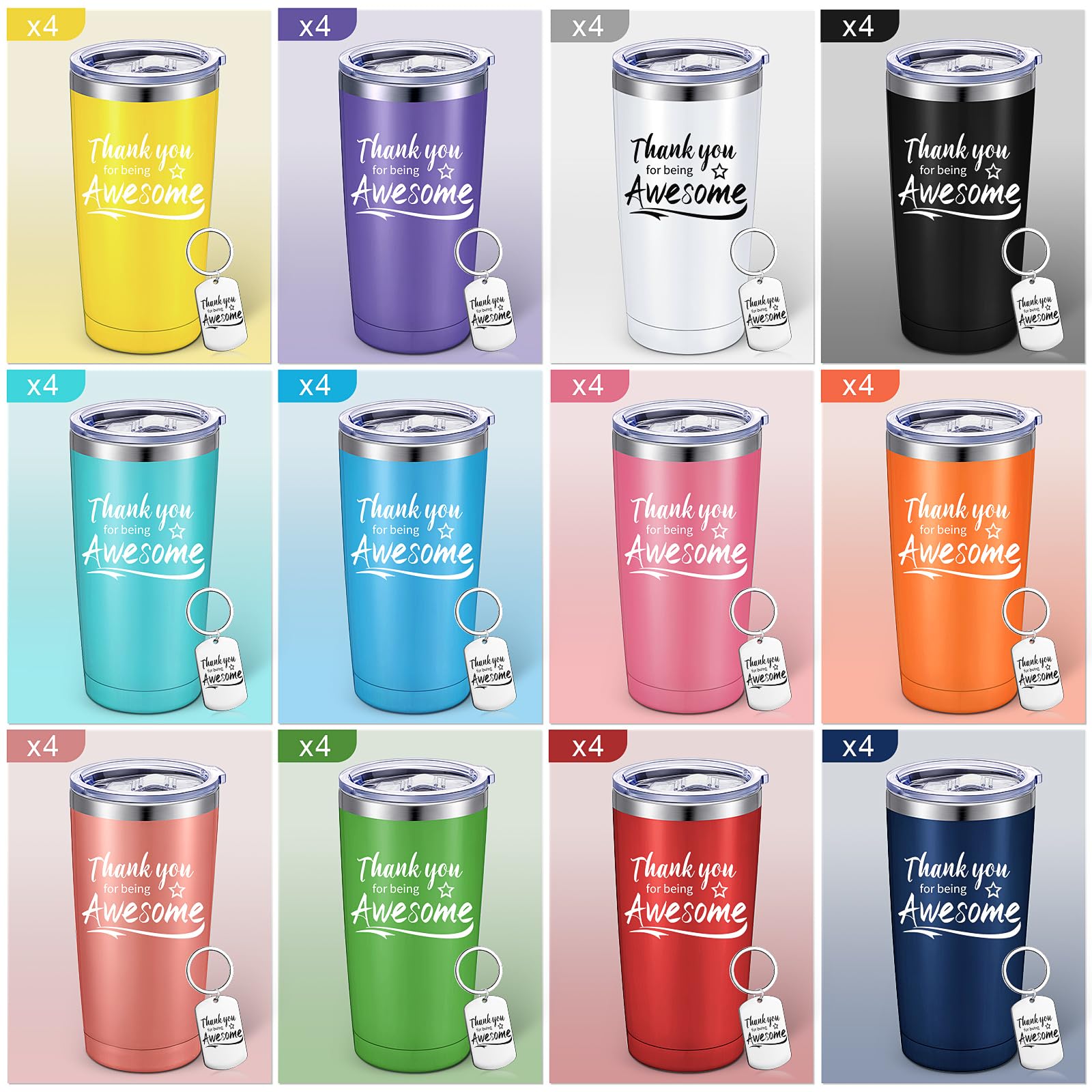 Sieral Thank You for Being Awesome Tumbler,Thank You Gifts for Women Men 20oz Insulated Stainless Steel Travel Tumbler with Lid and Straw Appreciation Gift with Keychain (Multicolor,96 Pieces)