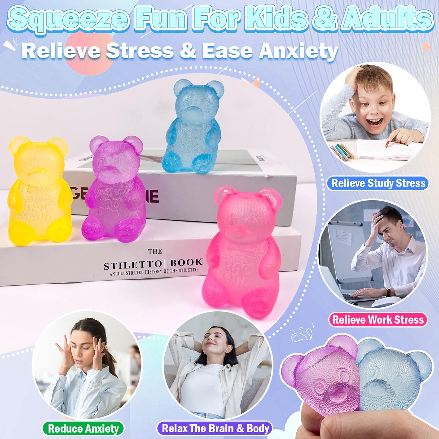 Gummy Bear & Sugar Ball Designs, Anxiety Relief & Focus Toy, Maltose Filled Squeeze Toys for Sensory Play，Sensory Fidget Toys for Adults, Kids, Slow Rising Squishy Stress Ball ( Blue) - Image 3