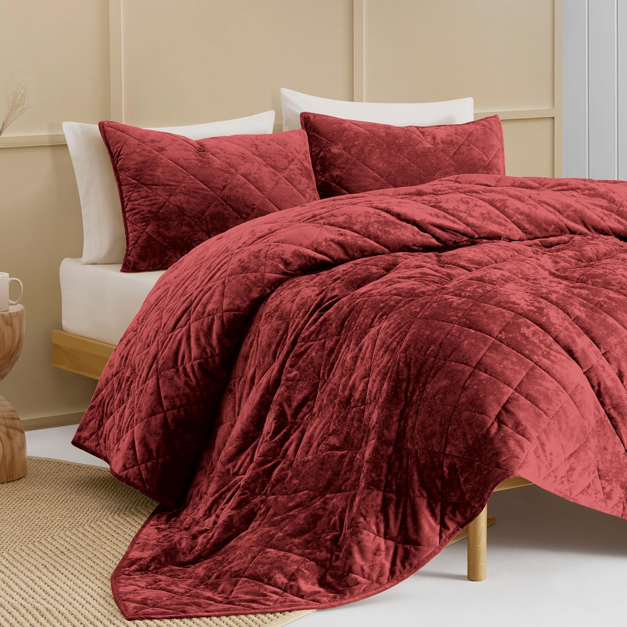SHALALA Lightweight Summer Quilt,Queen Bedding Quilt Sets,Velvet Comforter,Luxury Diamond Quilting Bedspread Coverlet with Soft Brushed Microfiber Back for All Season (Red,Full/Queen)
