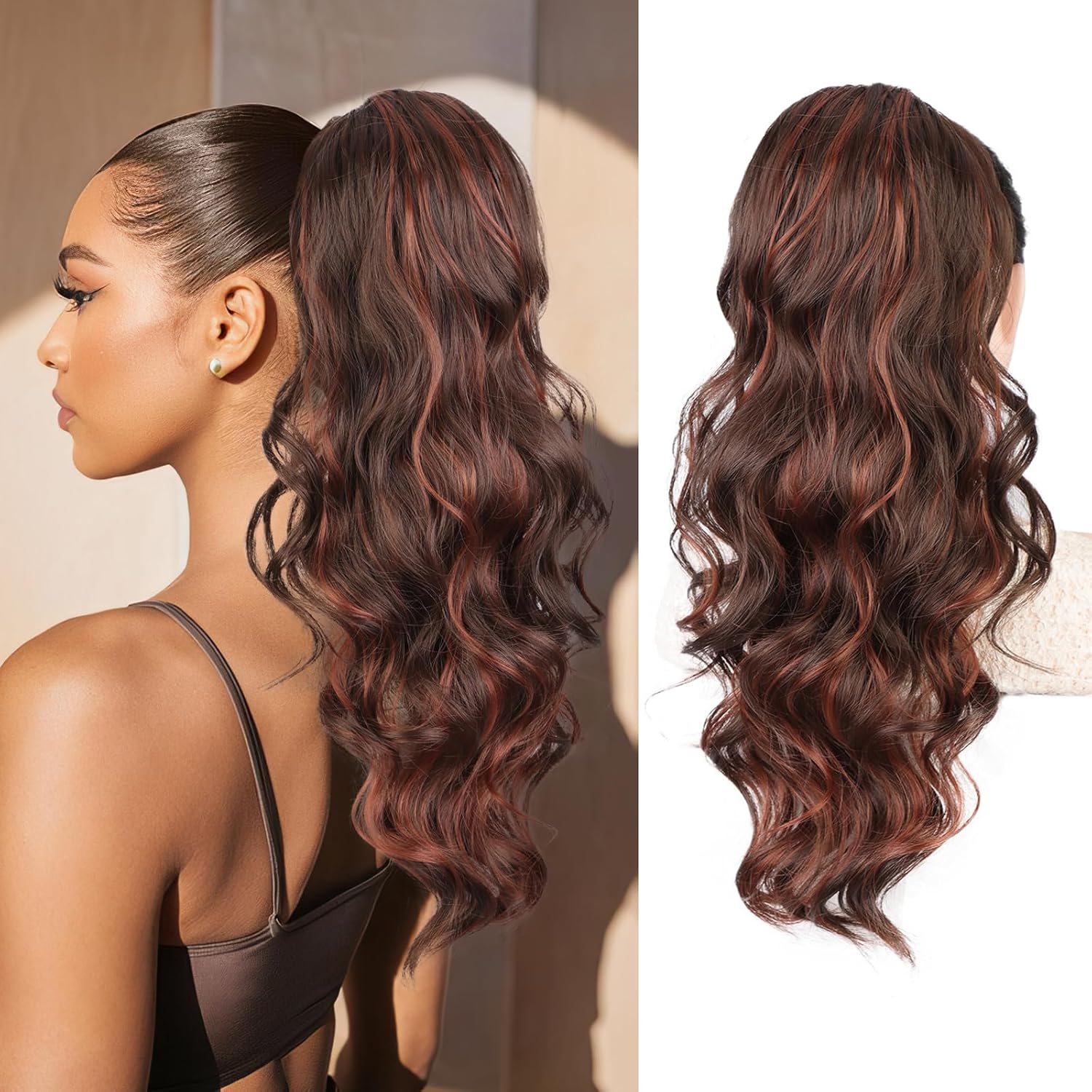 Stamped Glorious Black Ponytail Extension-22 Inch Long Body Wave Pony Tail Hair Extension,Drawstring Ponytail for Women,Synthetic Hair Extension Ponytail(Color:Black)