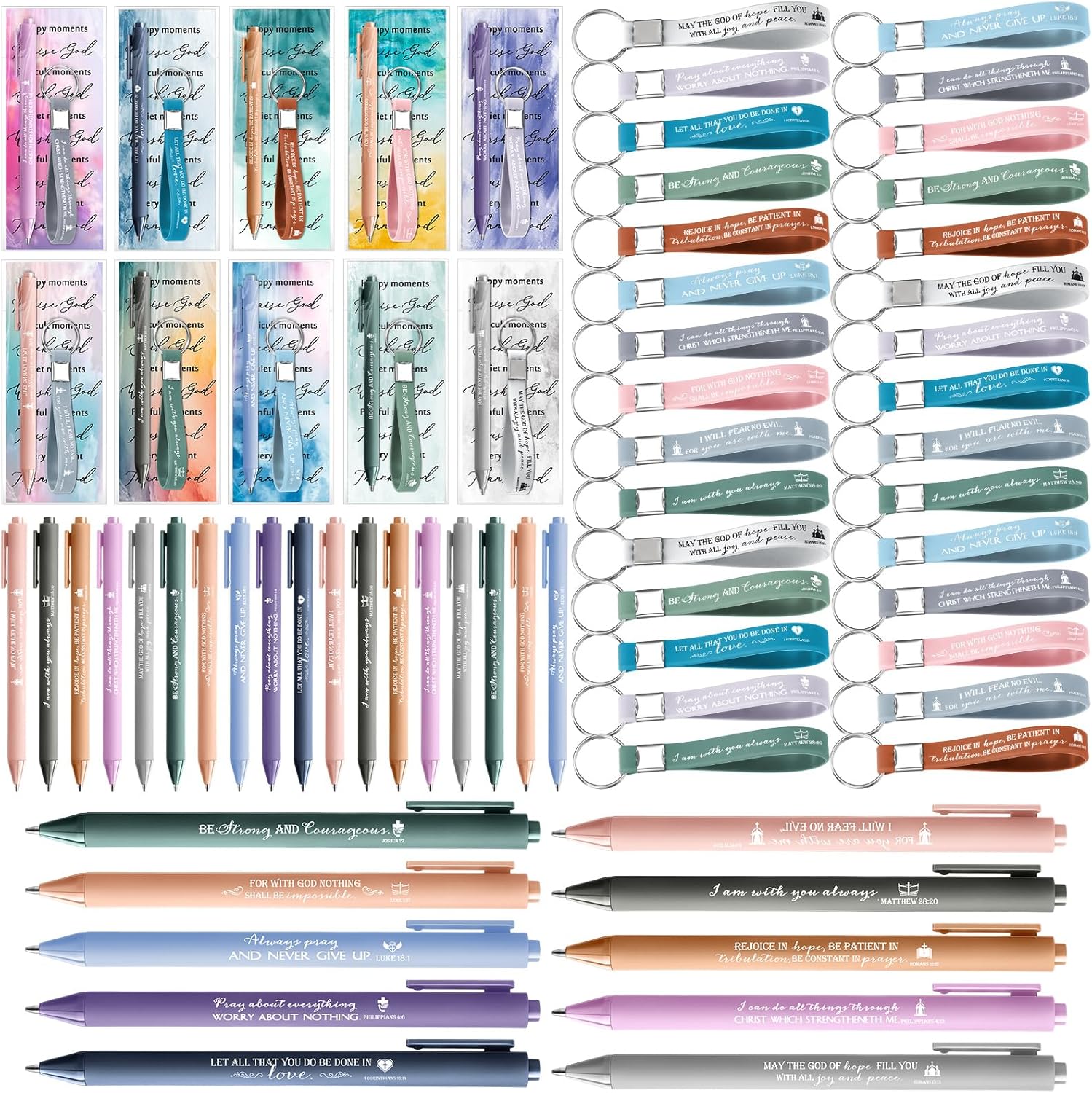 30 Sets Valentine's Day Christian Gifts Bulk Bible Verse Pens Silicone Keychains Bookmarks Religious Gifts for Men Women VBS Sunday School Church Members Pastor(Watercolor,Click)