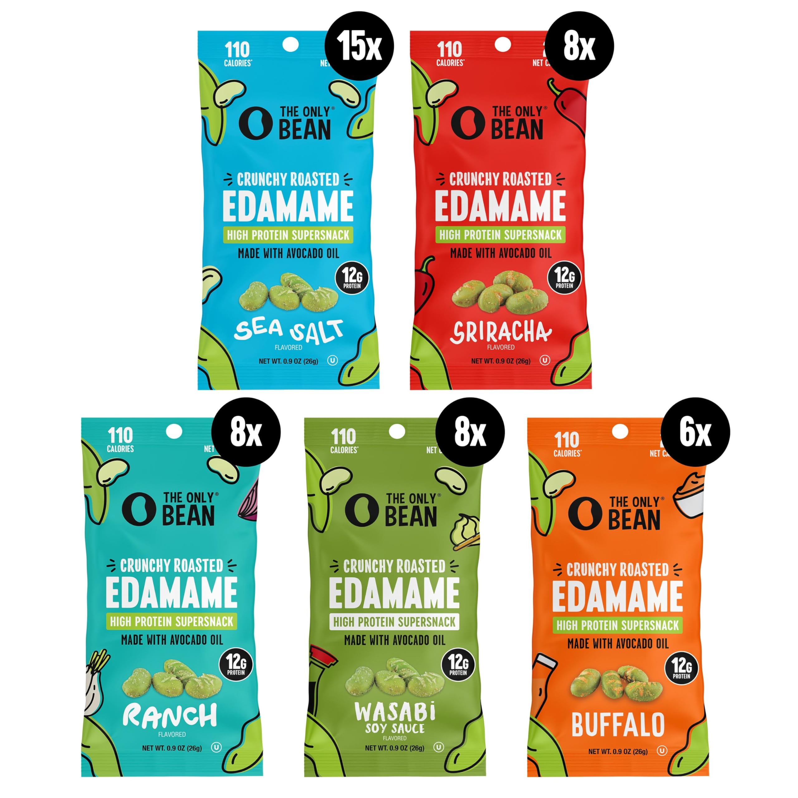 The Only Bean High Protein Snacks, Healthy Office Snacks, Healthy Snacks for Adults and Kids for Lunch, Vegan, Low Carb & Gluten Free - Edamame Beans Snack, Variety Pack - 0.9oz (Pack of 45) - 5