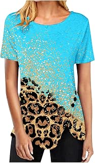 Ladies Tops Long Tops to Wear with Leggings O Neck Short Sleeve Tops Leopard Print T-Shirt Longline Tops Button Up Tees Summer Irregular Hem Shirt Blouse Ladies Sweatshirt Office UK Size