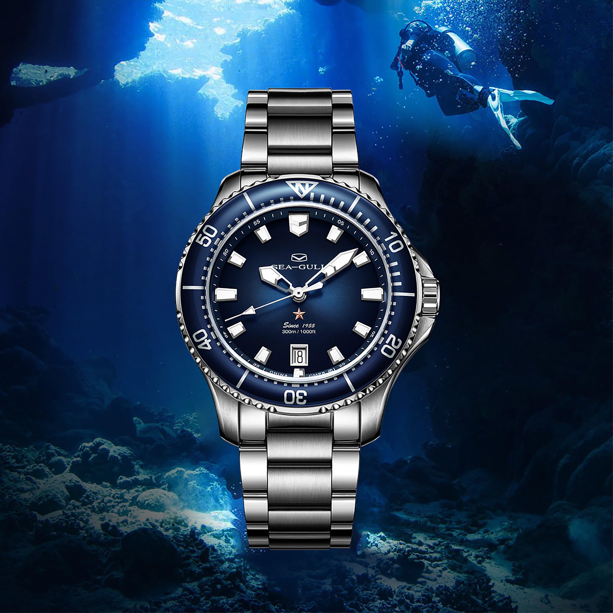 SEA-GULL Automatische mechanische Taucheruhr für Herren, Edelstahl, wasserdicht, Business-Kleid, leuchtender Kalender, Armbanduhren, 41 mm, Ocean Serie PRO