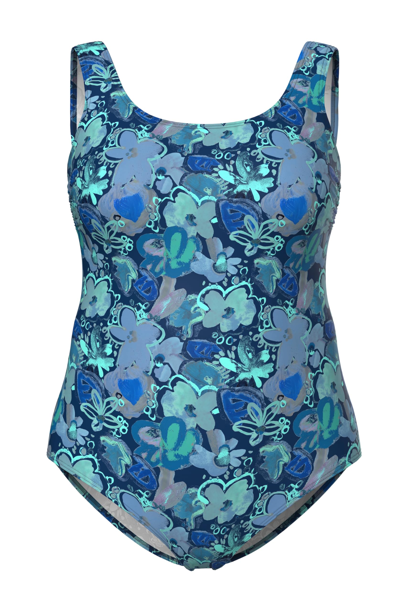 Ulla Popken Damen große Größen Übergrößen Plus Size Badeanzug, Blüten, ohne Softcups, Rundhalsausschnitt 846573