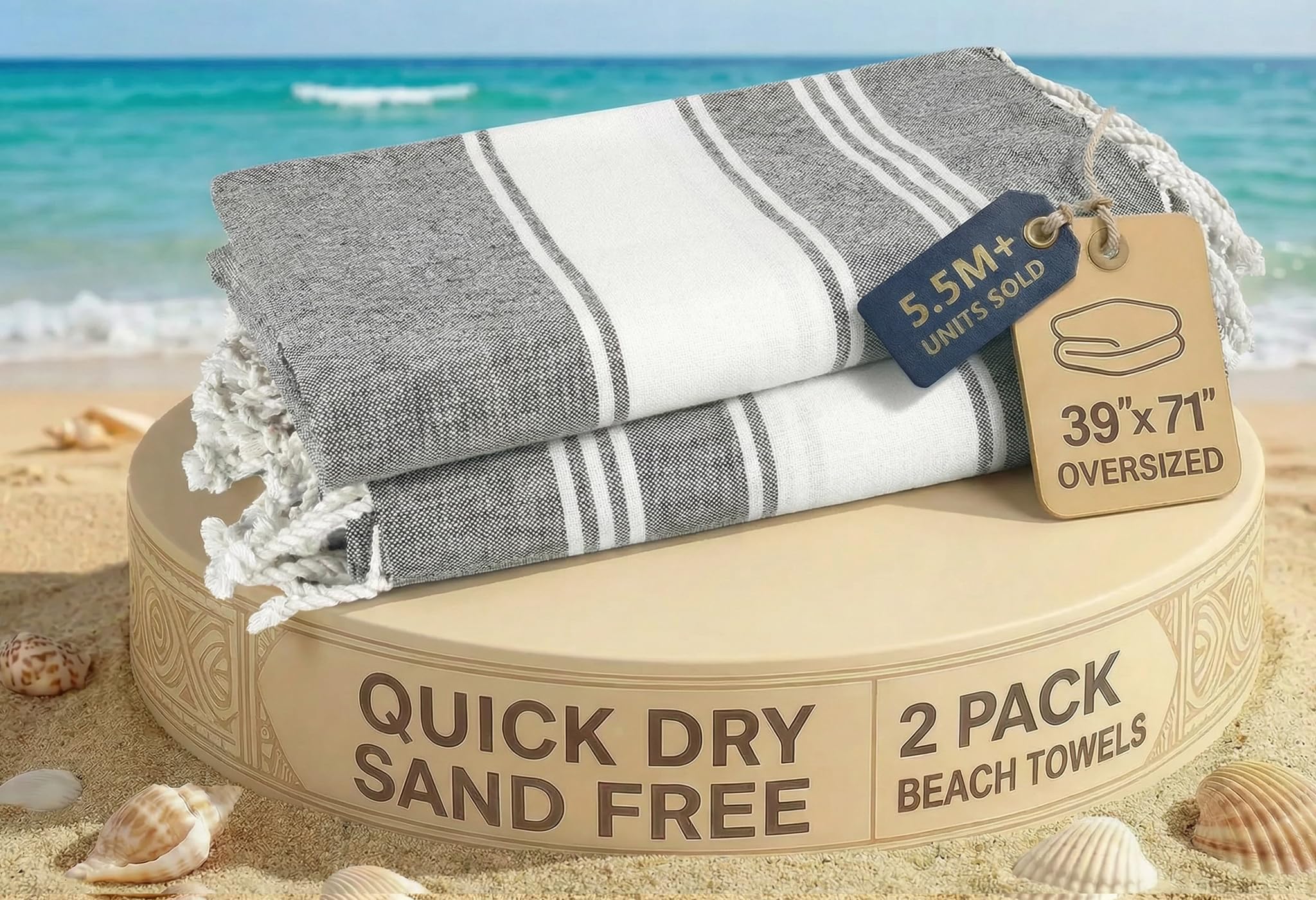 LANE LINEN 2 Pack Large Beach Towels, Oversized, Pre-Washed, No-Shrink Sand Free, Quick Dry, Lightweight Travel Towel, Soft Beach Bath Towel, 39"x71", Smoky Black
