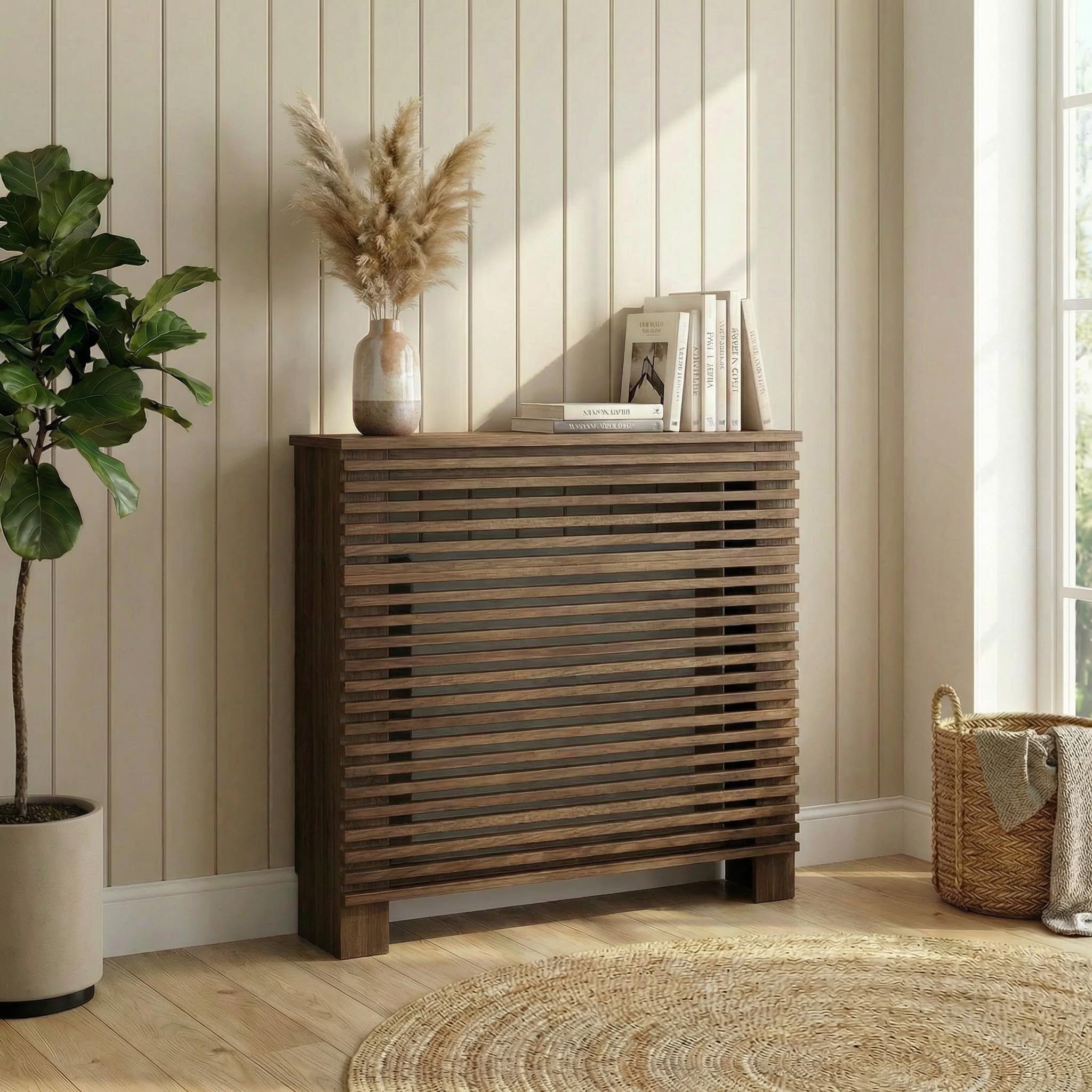 DuraTherm® Milan Radiator Cover Walnut Modern Horizontal Slat Shelves MDF Cabinet Shelf for Radiators, Living Rooms, Bedrooms, Small (W: 78cm / H: 81.5cm / D: 19cm)