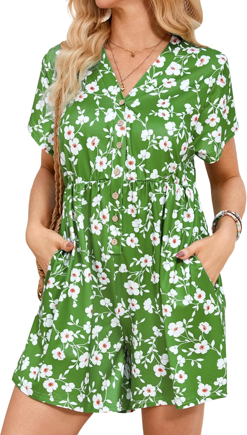 MAKABO Womens Summer Floral Rompers V Neck Boho Short Sleeve Jumpsuits With Pockets Casual Beach Vacation Outfits