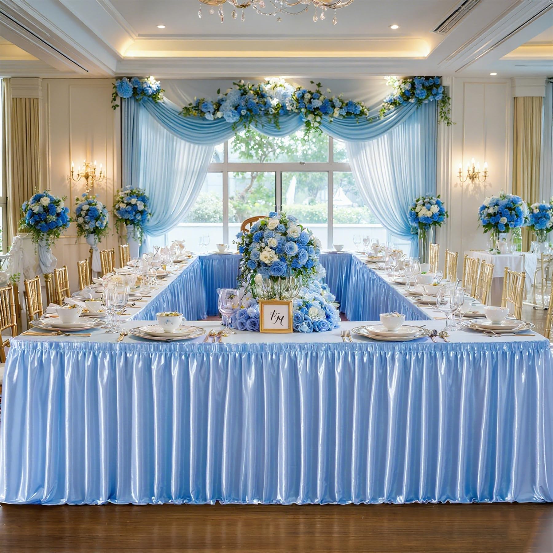 17ft Length Blue Satin Table Skirt Rectangle Tables-Wrinkle Resistant Ruffle Table Skirting Glitter Desk Cover Skirt for Baby Shower Birthday Party Ocean Shark Gender Reveal Cake Table Decorations