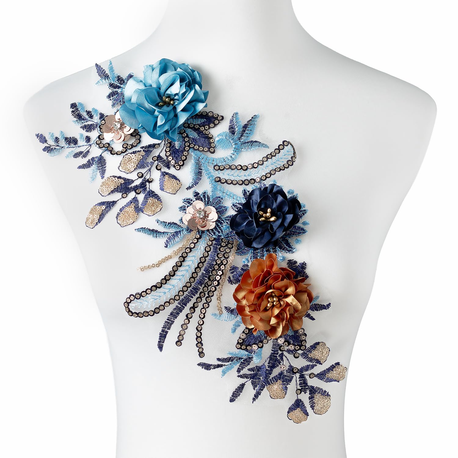 Silvora 3D Embroidered Beaded Pearl Flower Fabric Colorful Rhinestones Applique, Handmade Sewing Tool for DIY Wedding Bridal Dress Floral Clothes