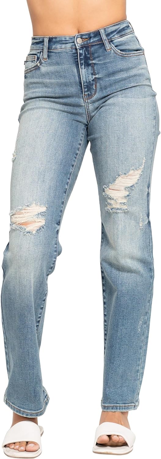 Judy Blue Womens Jeans - High Waisted Dad Straight with Harsh Tint & Destroy