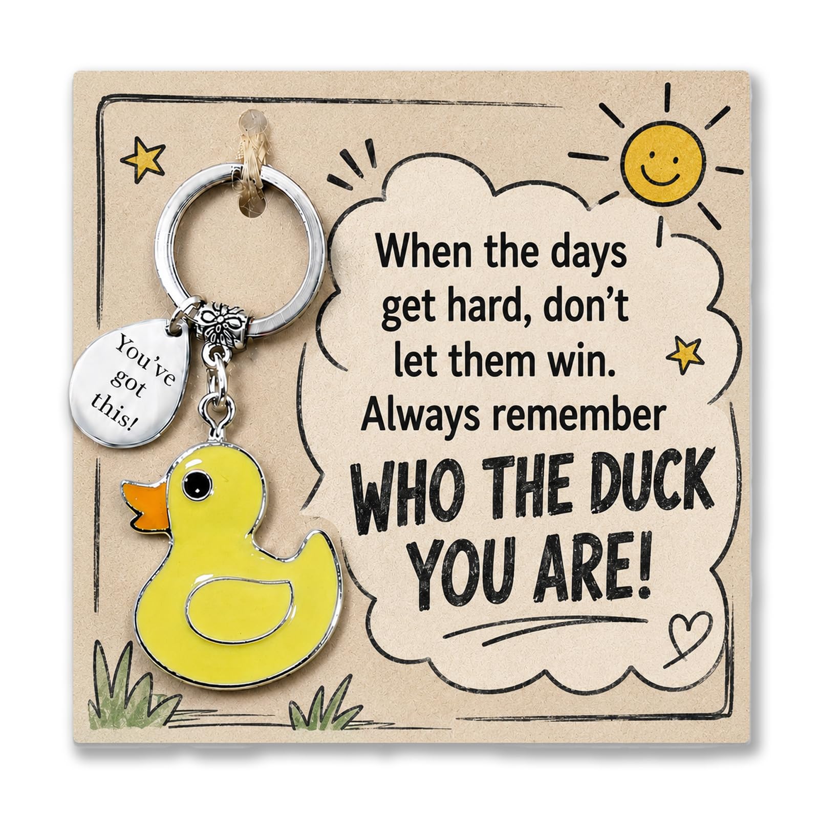 AIKOBAA Good Luck Duck Keyring – Cute Yellow Duck Charm with ‘You’ve Got This!’ Tag, Encouragement Card ‘Who the Duck You Are’.