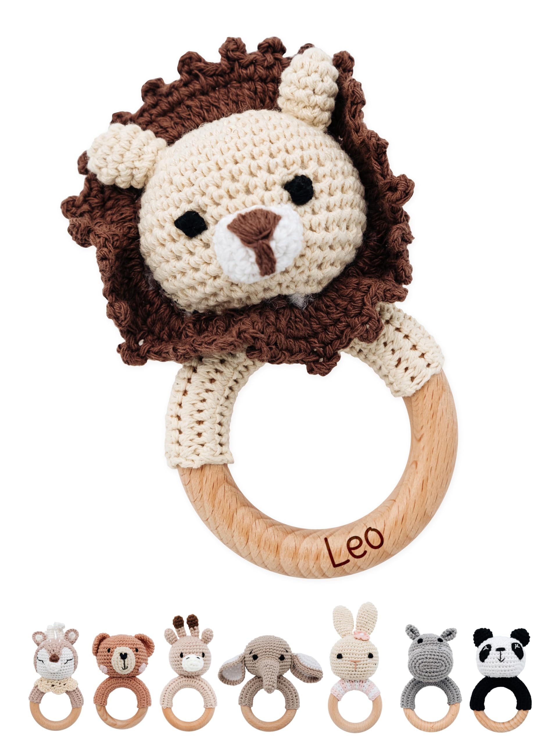 Bärenfreunde® - Personalisierter Beißring Baby - Niedlicher Greifling für Baby's ab 0 Monate - Babyrassel mit Name als Baby Geschenk für Mädchen und Jungen (Löwe dunkelbraun,ohne Name)