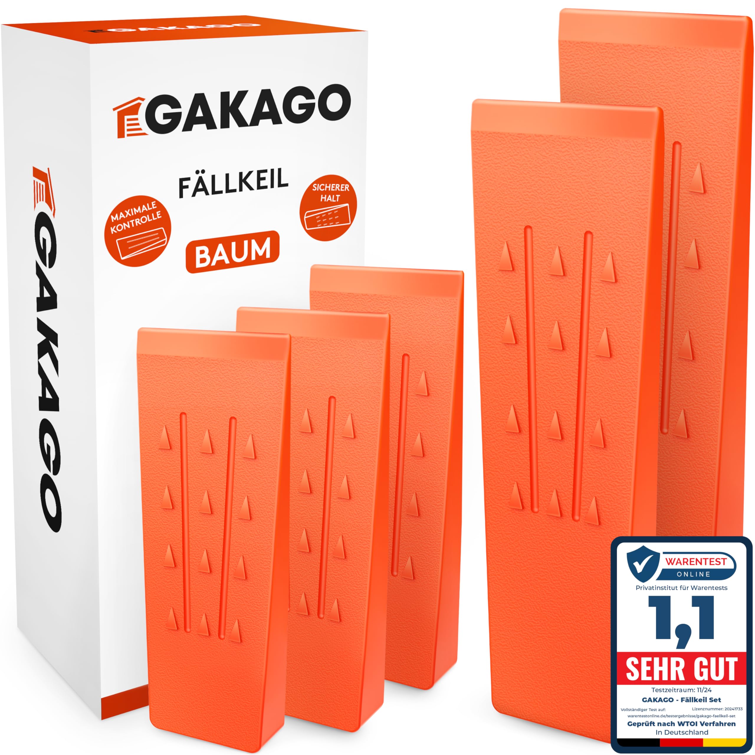 Gakago Fällkeil Set (5er Pack) - rutschfeste Kunststoffkeile mit Widerhaken Schuppung und profilierter Maserung - Extrem schlagfest & frostbeständig in auffälliger orange Signalfarbe
