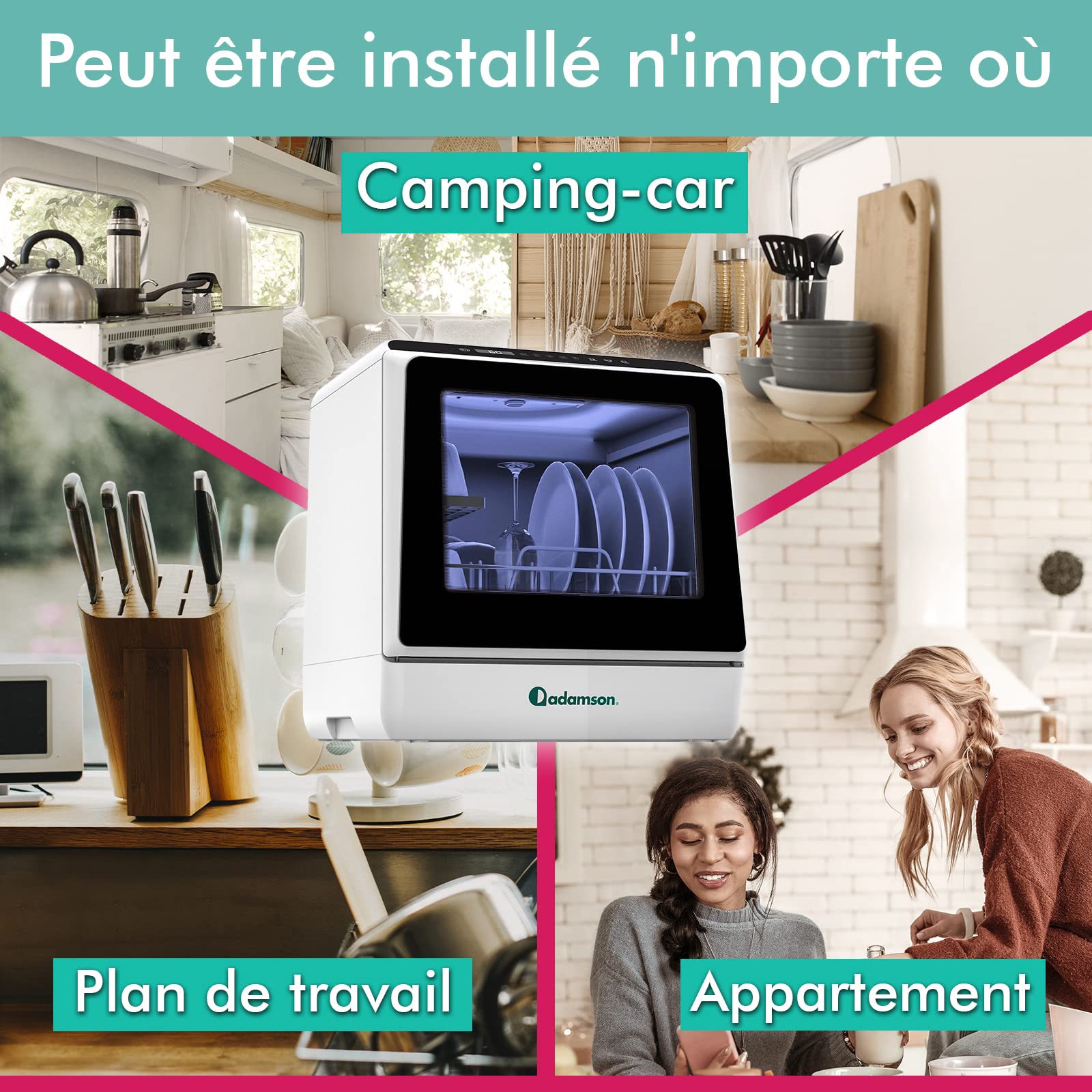 Mini Lave-vaisselle Portable Adamson A30 - Nouveauté - Parfait pour Appartement ou Camping-car - Sans Arrivée d'Eau avec 5 Programmes et Jet Haute Pression - Garanti 5 Ans