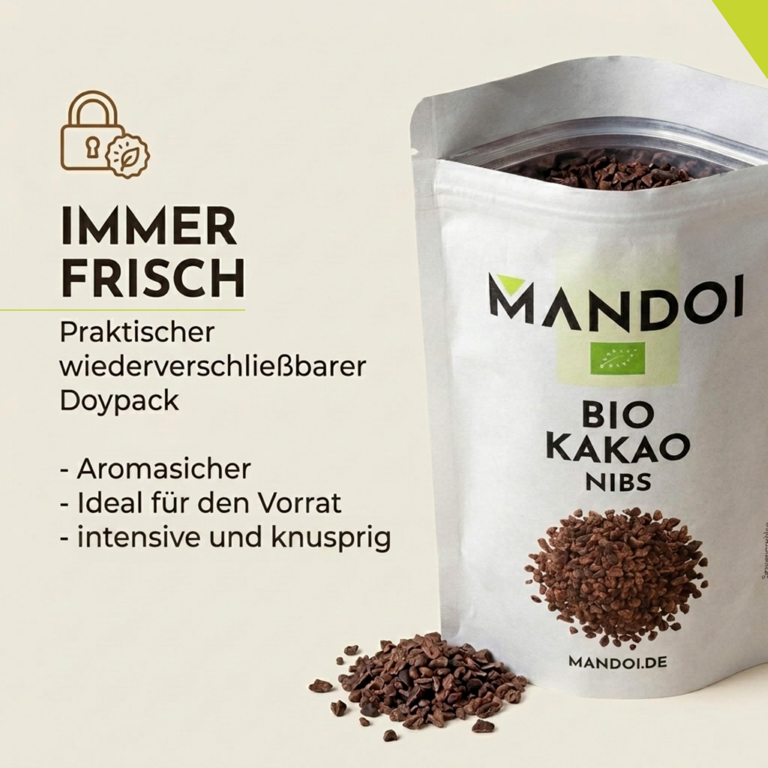 Mandoi Bio Kakaonibs 500g, aus ökologischem Anbau | besonders hochwertige Kakao Nibs, organic cocoa. Als Snack, Müsli oder zum Backen