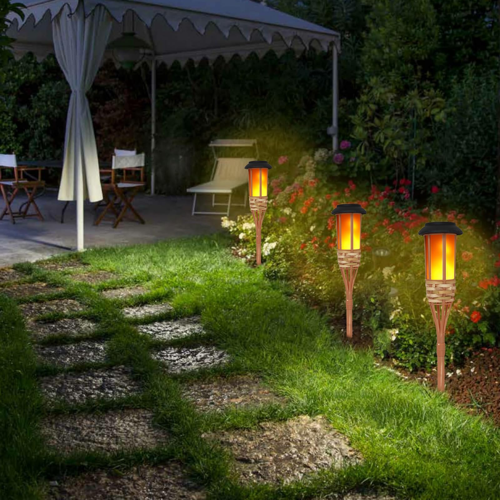4 luces solares para exteriores, altura de 60 cm, impermeables, luces solares parpadeantes, decoraciones de camino para patio, patio, antorchas de bambú hechas a mano, luces de estaca de iluminación