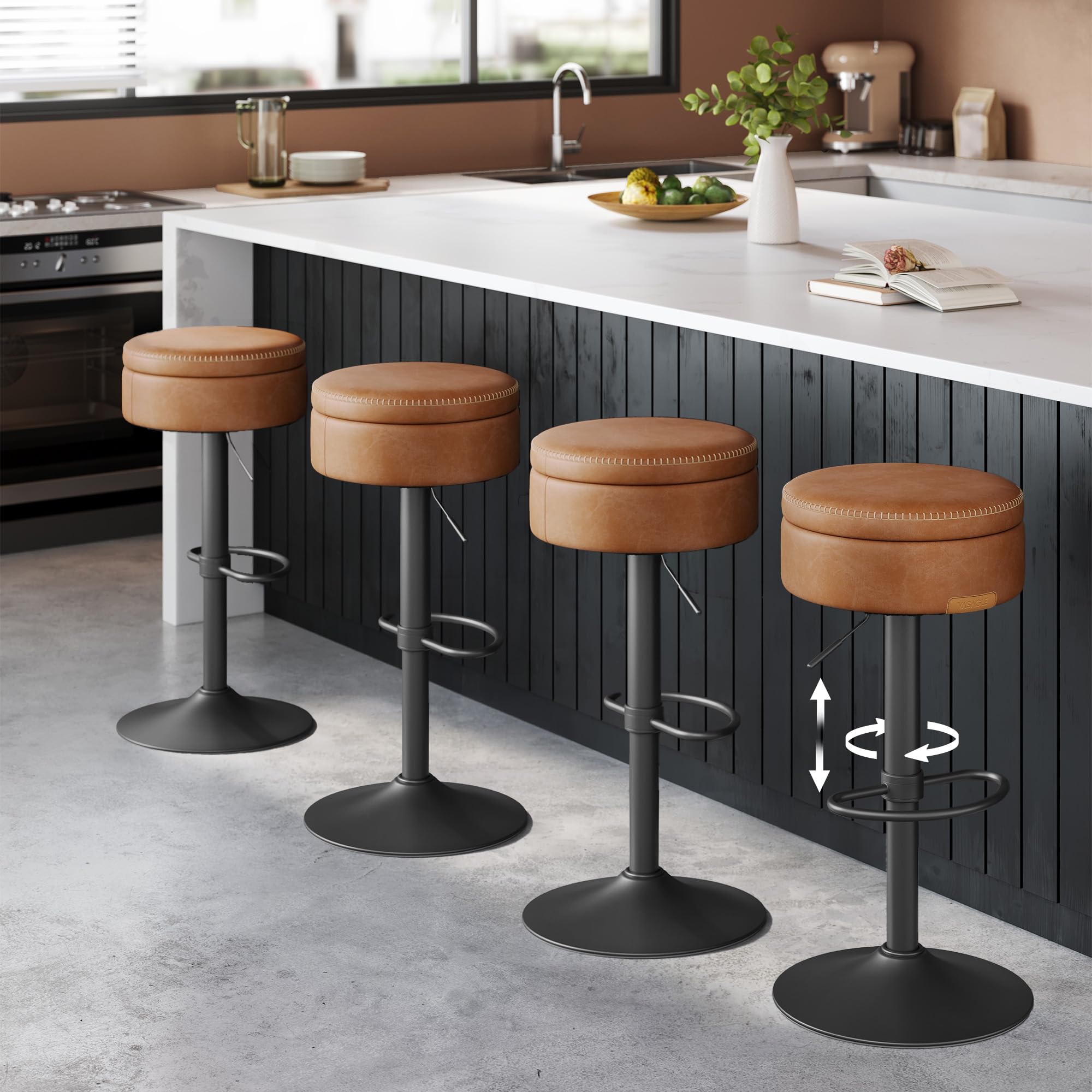 Photo 1 of ***1 set***VASAGLE EKHO Collection - 360° Swivel Bar Stools Set of 4, Height Adjustable Barstools with Storage, Synthetic Leather with Stitching, Mid-Century Modern, Kitchen Bar, Easy Assembly, Caramel Brown