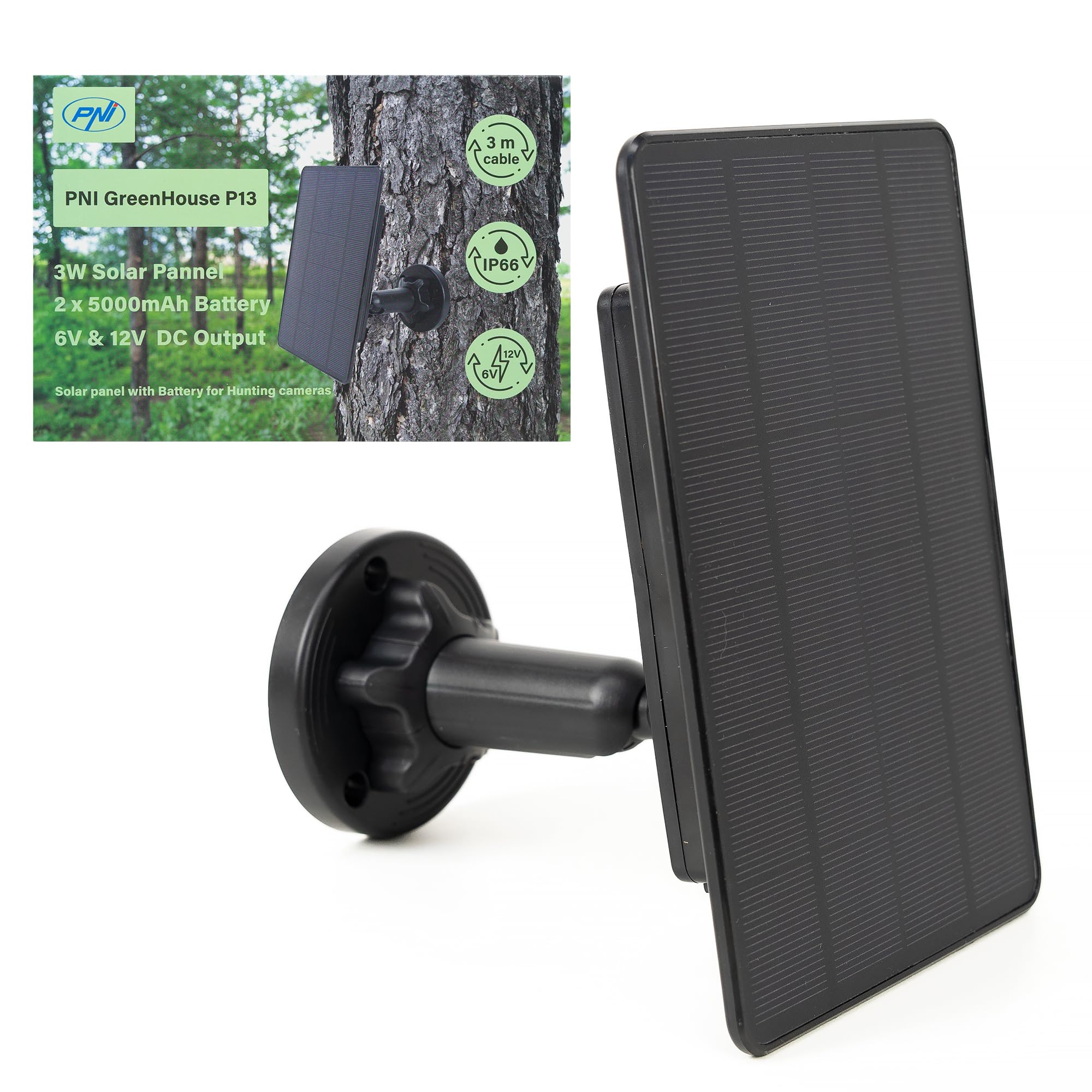 PNI GreenHouse P13 Solarladegerät, 6 V und 12 V Ausgang, 3 W, 5200 mAh Li-Ion-Akku, IP66 für Jagdkameras