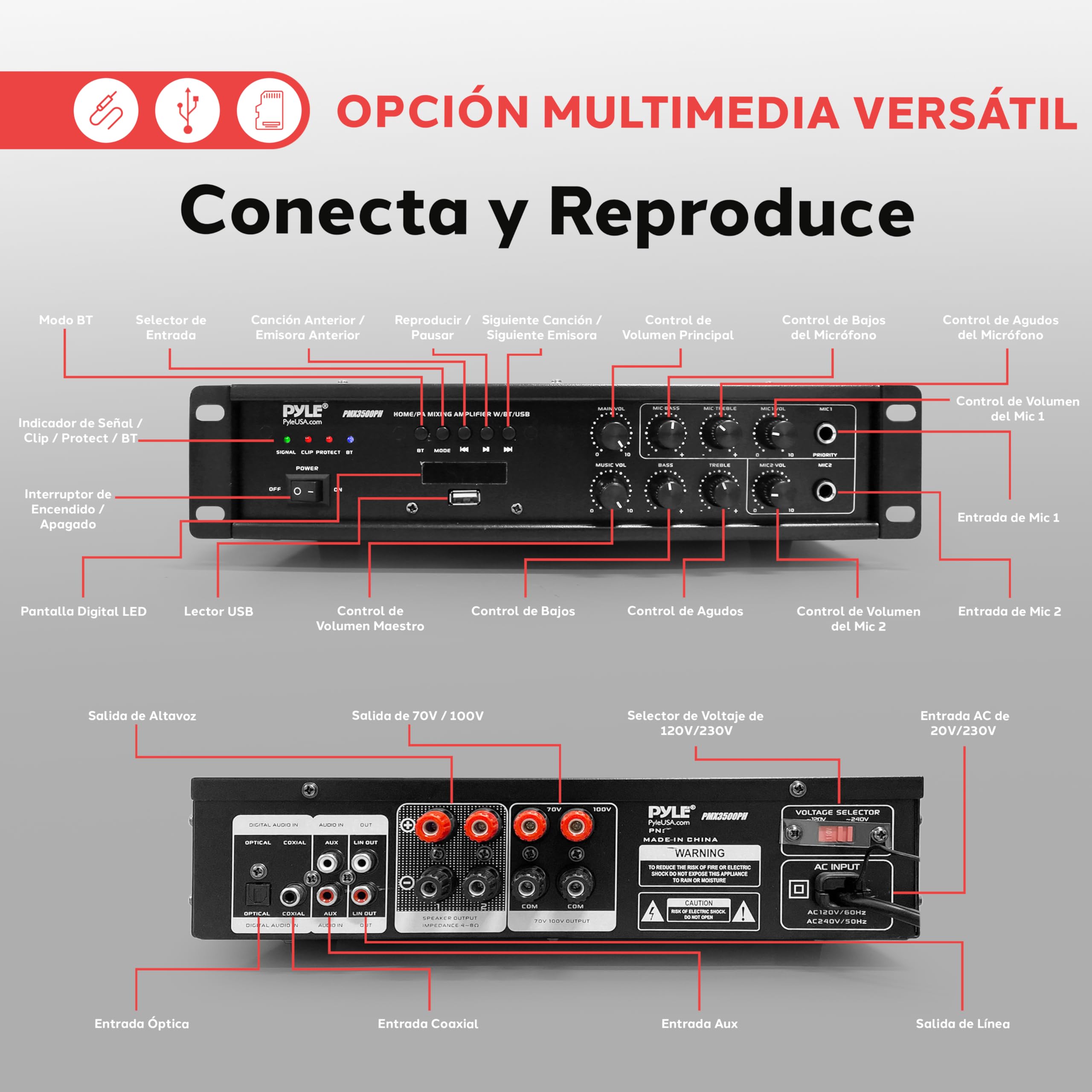 Pyle PMX3500PH - Amplificador de Mezcla de Audio para el hogar con Bluetooth para el hogar, Receptor de Potencia estéreo con Radio FM, Pantalla LED Digital, USB/AUX/micrófono, óptico/coaxial, AC-3