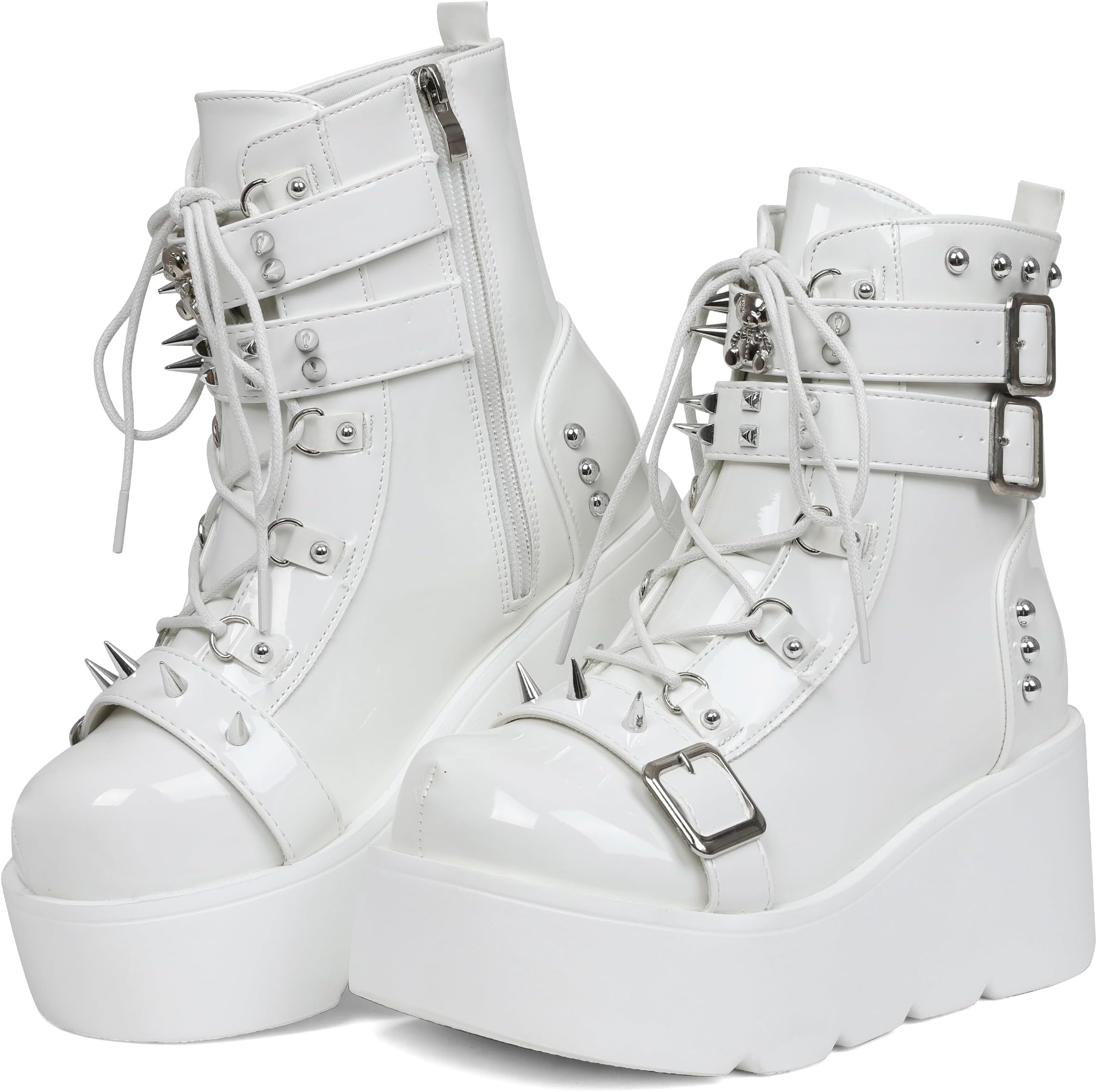 Platform Boots for Women Goth Boots Ankle Boot Side Zip Round Toe Wedge Buckle Combat Rave Boot Chunky High Heels Motorcycle Cosplay Party Festival Leather Shoes