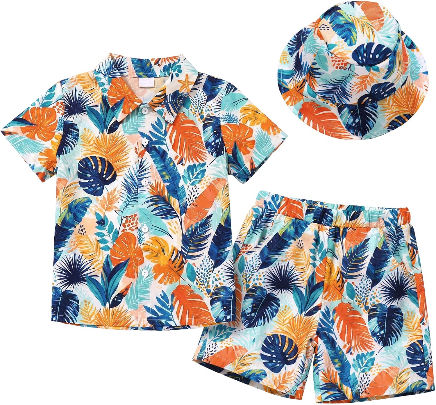 IMEKIS Boys Hawaiian Outfit 3Pcs Set Shirt Shorts Hat Summer Beach，2-7Years