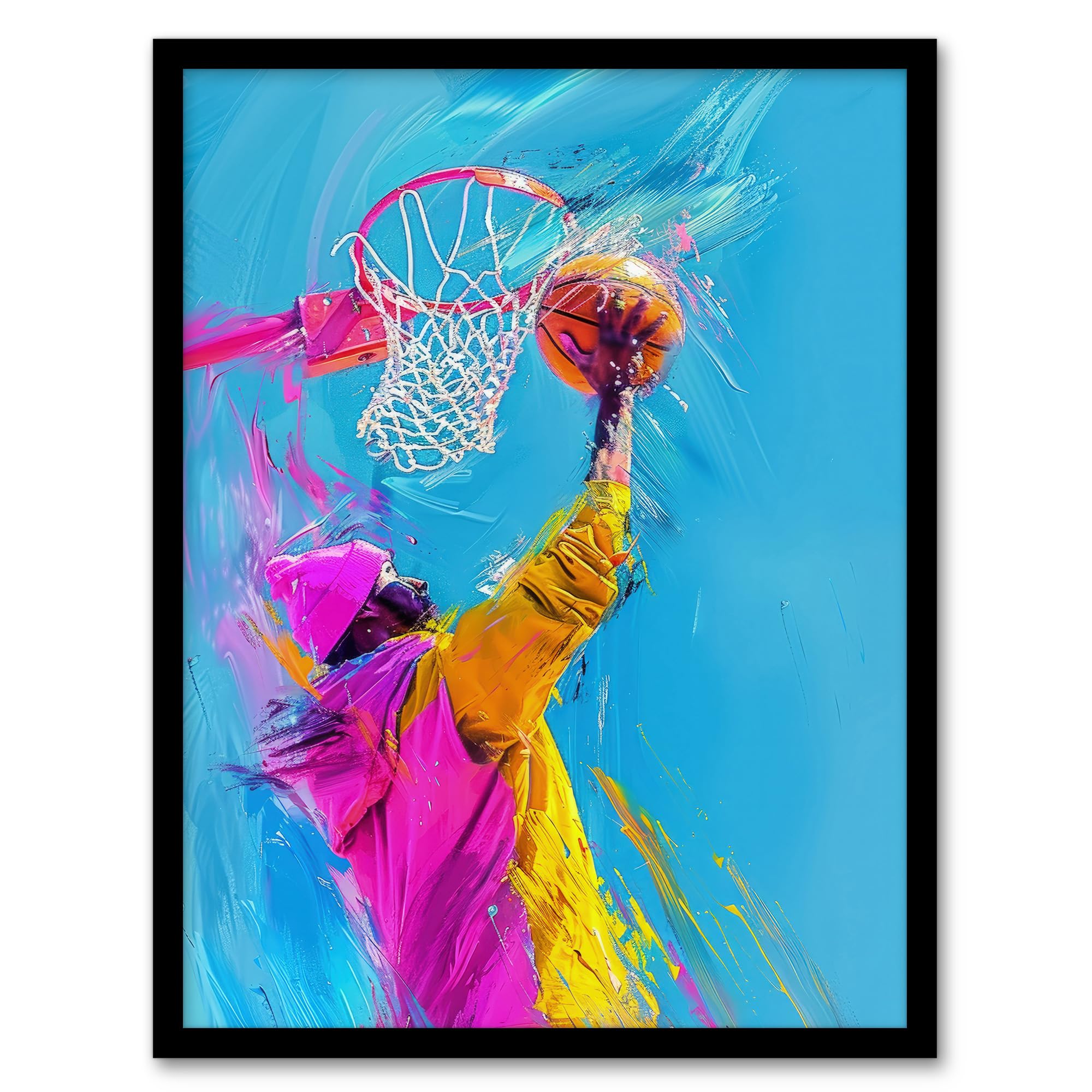 Basketball Player Slam Dunk Abstract Art Print Framed Poster - Artery8 - A4 - Black