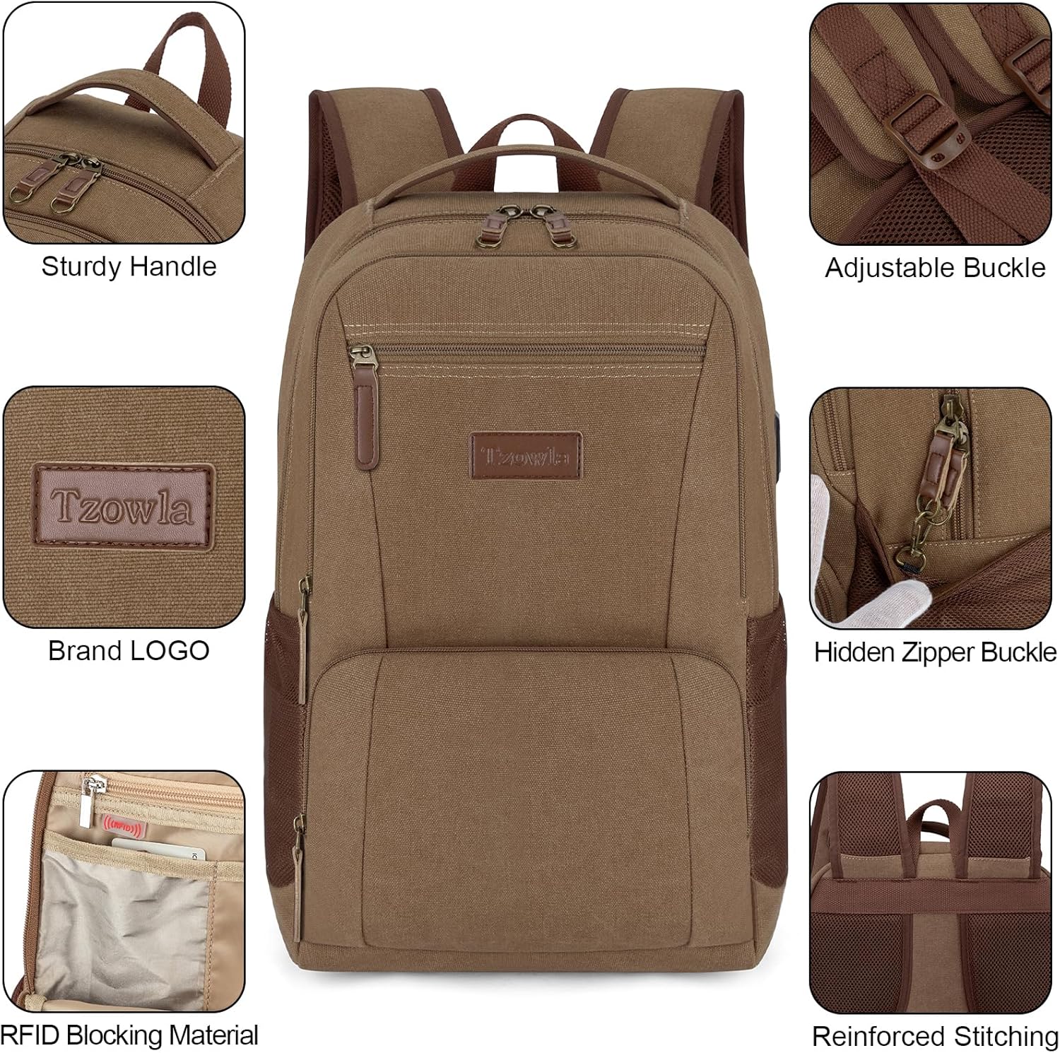 Tzowla Canvas Laptop College Backpack for Men and Women,Travel Work Vintage Rucksack with USB/Type-C Charging Port,Lightweight Hiking Casual Daypack Backpacks fit 15.6 inch Notebook,Brown - Image 4