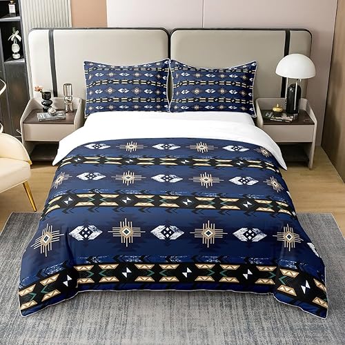 Miniatura 8 de Juego de ropa de cama 100% algodón del suroeste tamaño matrimonial, funda de edredón geométrica bohemia étnica tribal con flechas occidentales,