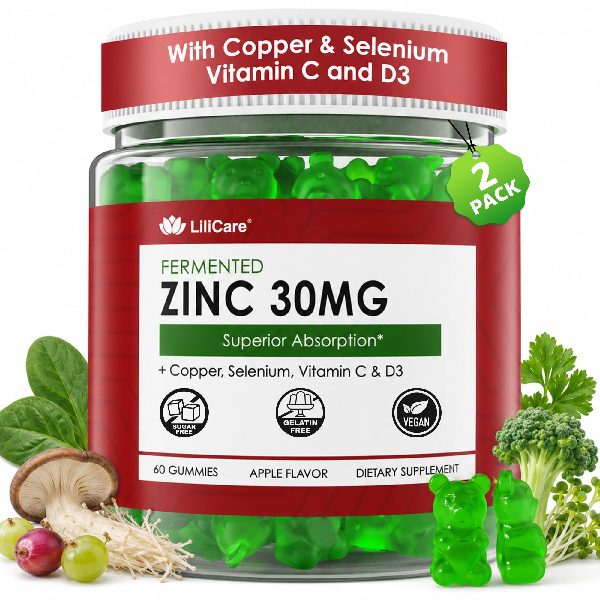 Zinc Gummies + Χαλκός, Σελήνιο, Βιταμίνη C & D3, Συμπληρώματα ζυμωμένου ψευδαργύρου για γυναίκες και άνδρες με Elderberry για καθημερινή ανοσοποιητική υποστήριξη, ισχυρό αντιοξειδωτικό, υψηλή απορρόφηση, Vegan, Χωρίς ζάχαρη, 2 συσκευασία