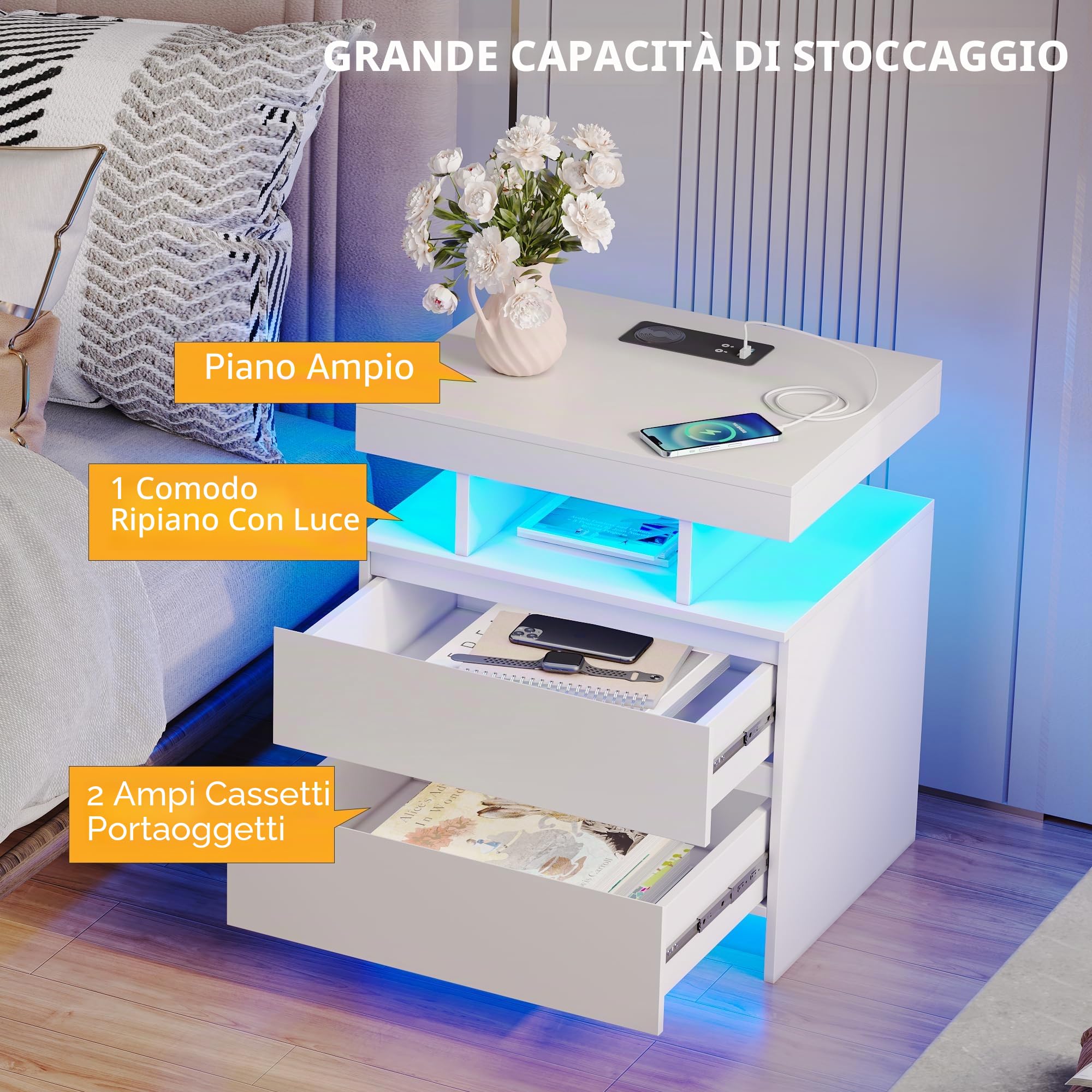 Vlsrka LED Comodino con stazione di ricarica, luce a 3 colori, Bianco