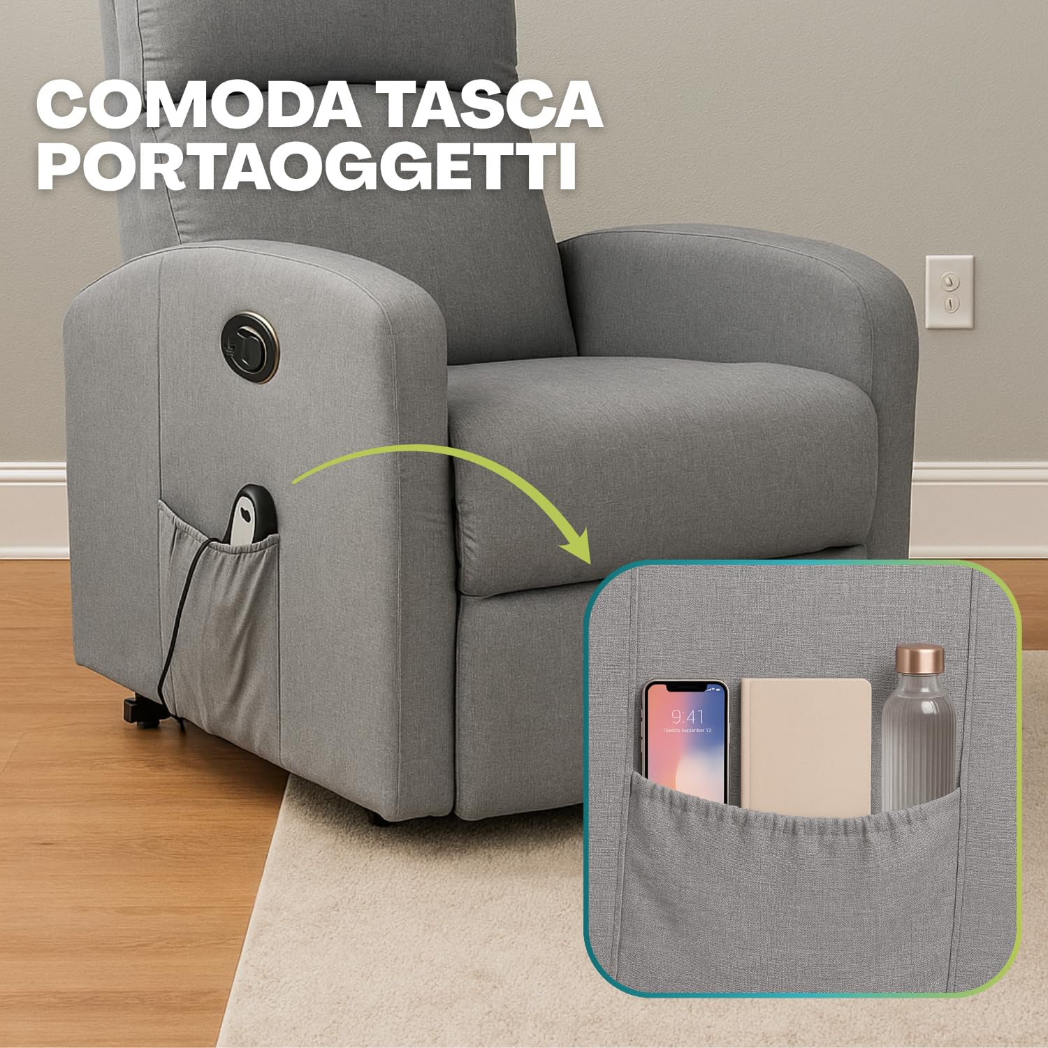 PALUPLUS Poltrona Dynamica Motorizzata Reclinabile e Massaggiante, Misura 74x77x110 cm, Poltrona in Tessuto Traspirante con Poggiapiedi, Alzapersona Automatica e 2 Ruote, Design Elegante -40 (Grigio)