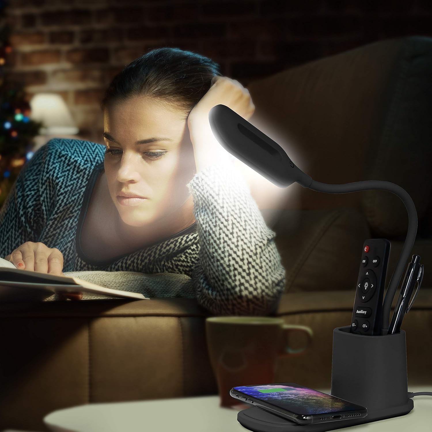 Black Adjustable LED Desk Lamp with Wireless Charger and Organizer